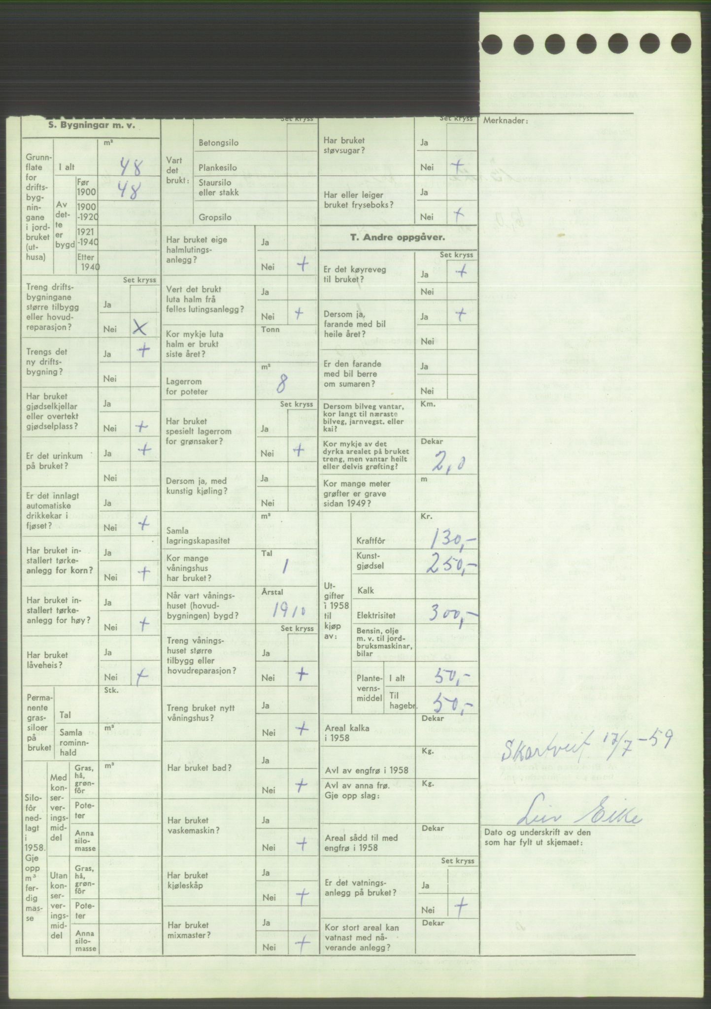 Statistisk sentralbyrå, Næringsøkonomiske emner, Jordbruk, skogbruk, jakt, fiske og fangst, AV/RA-S-2234/G/Gd/L0373: Rogaland: 1130 Strand (kl. 1-2), 1131 Årdal og 1132 Fister, 1959, p. 1786