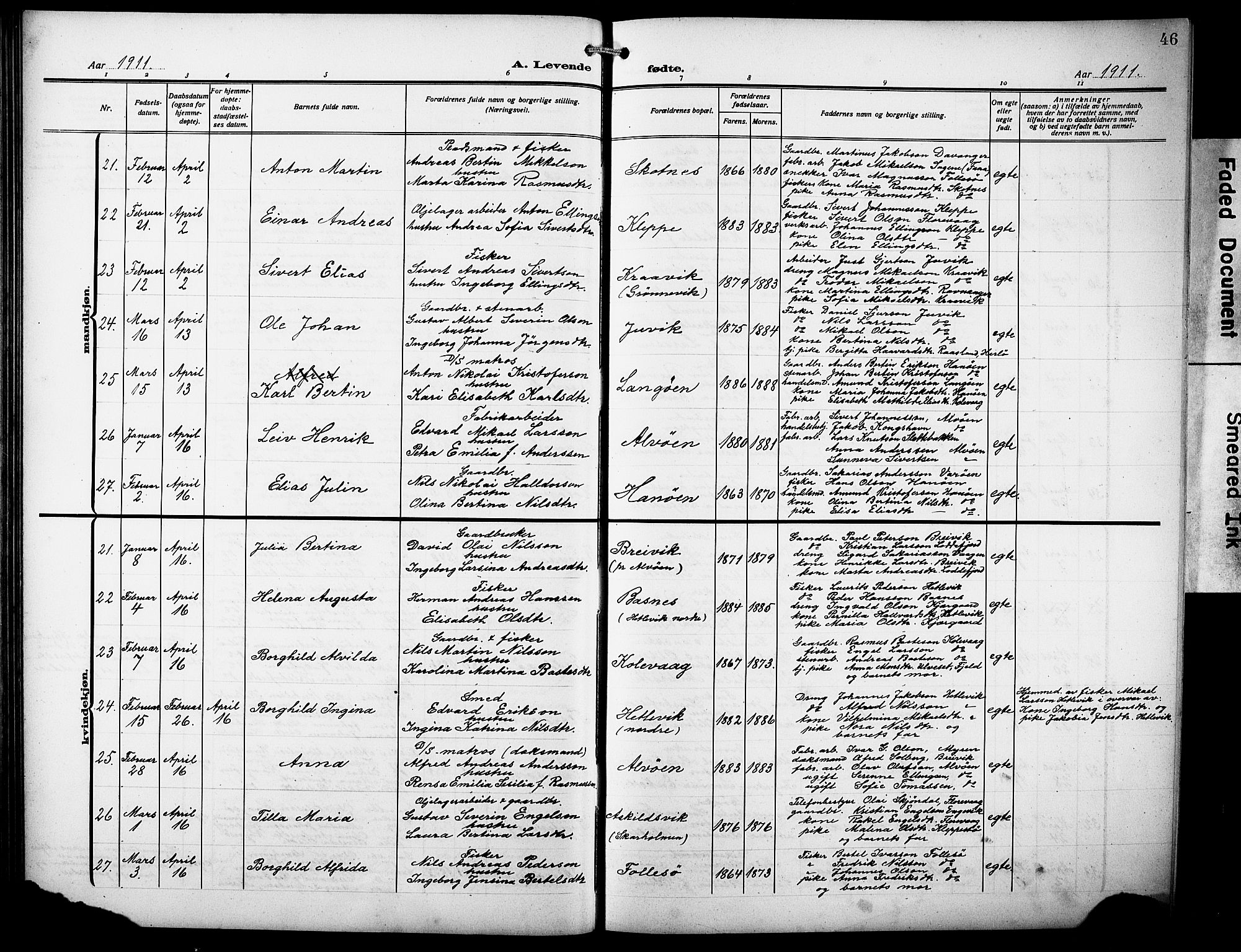 Askøy Sokneprestembete, AV/SAB-A-74101/H/Ha/Hab/Haba/L0011: Parish register (copy) no. A 11, 1908-1931, p. 46