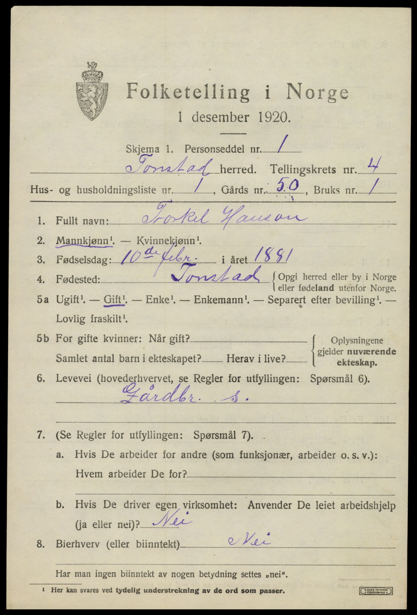 SAK, 1920 census for Tonstad, 1920, p. 1288