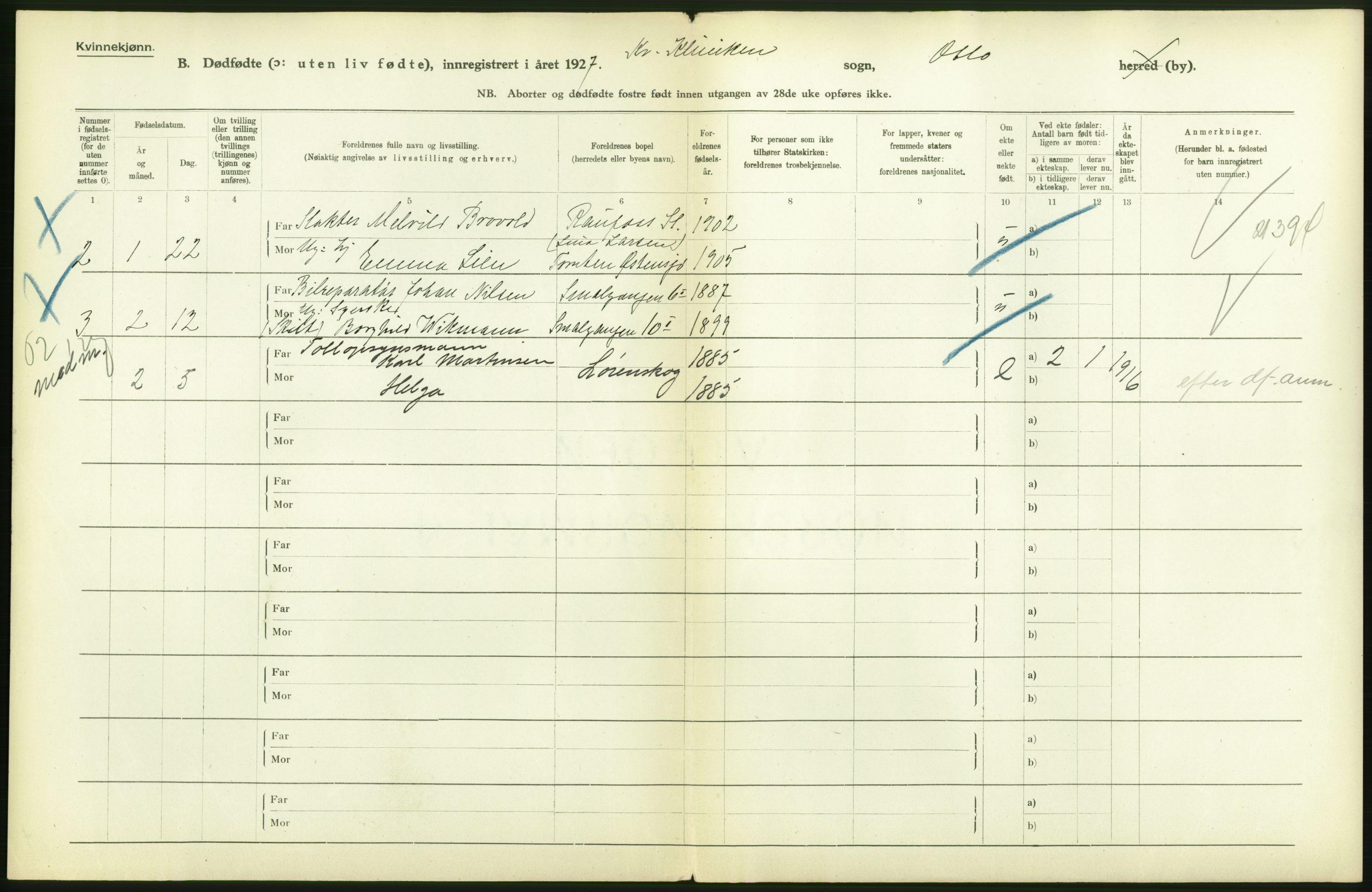 Statistisk sentralbyrå, Sosiodemografiske emner, Befolkning, AV/RA-S-2228/D/Df/Dfc/Dfcg/L0010: Oslo: Døde kvinner, dødfødte, 1927, p. 30