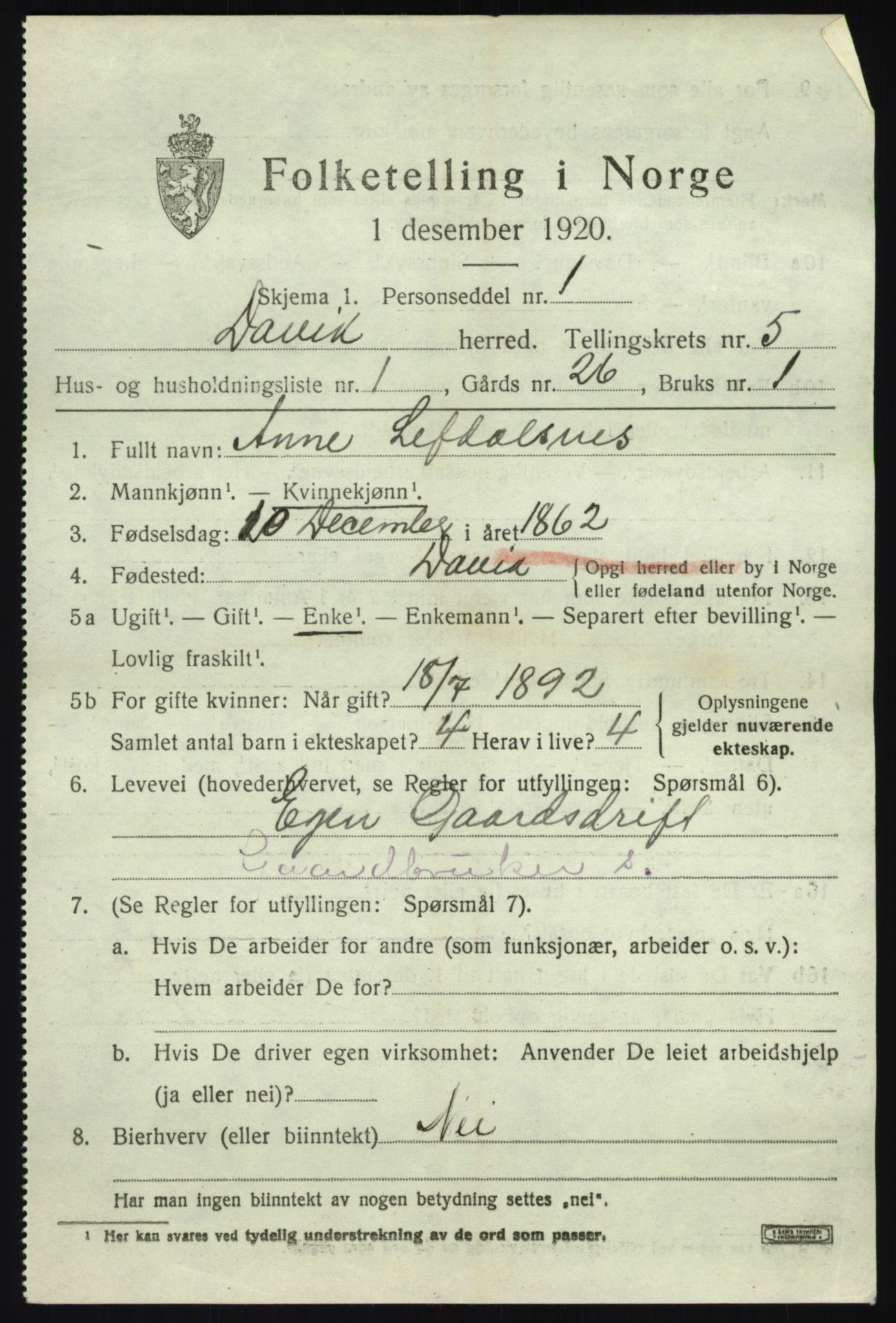SAB, 1920 census for Davik, 1920, p. 2949