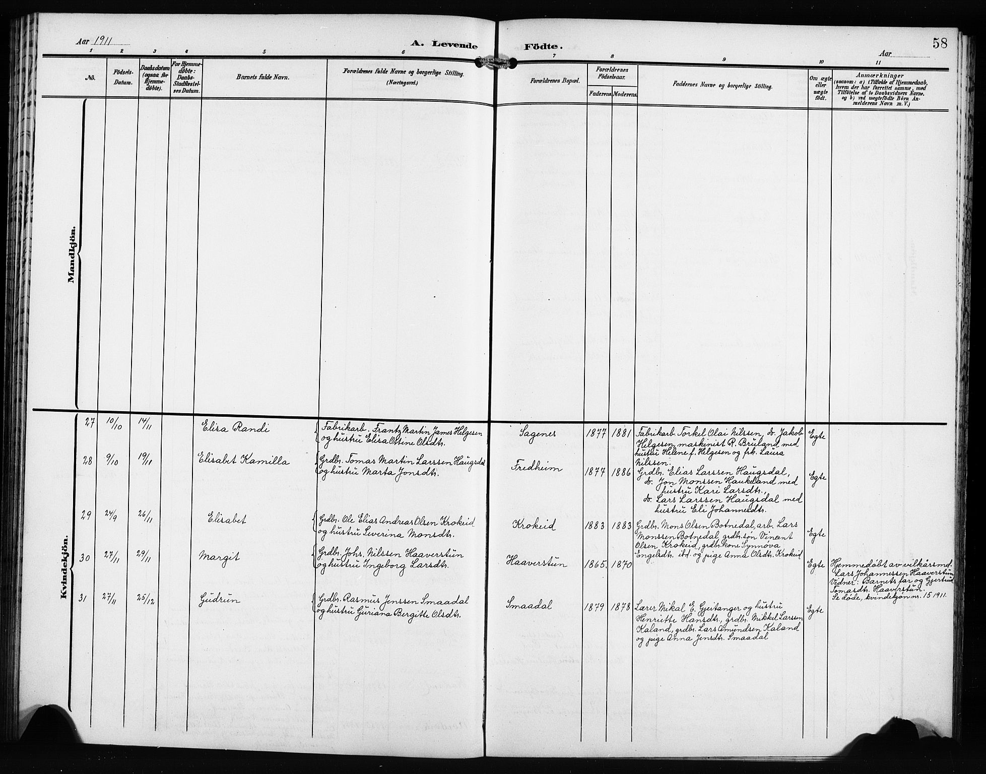 Fana Sokneprestembete, AV/SAB-A-75101/H/Hab/Haba/L0004: Parish register (copy) no. A 4, 1902-1912, p. 58