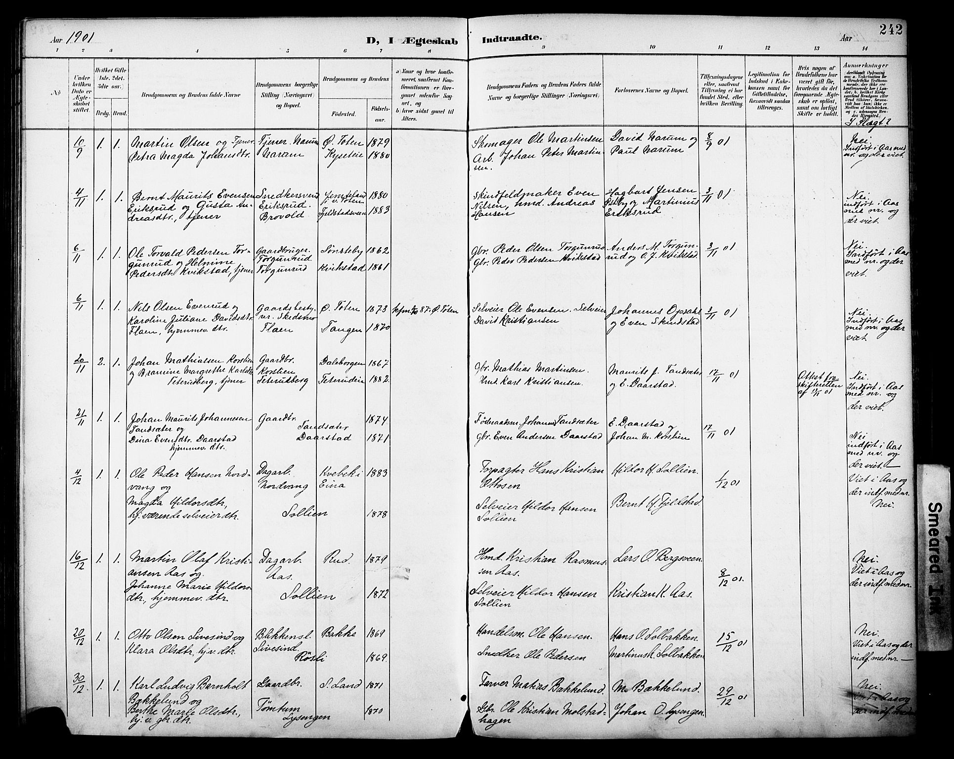 Vestre Toten prestekontor, AV/SAH-PREST-108/H/Ha/Haa/L0013: Parish register (official) no. 13, 1895-1911, p. 242