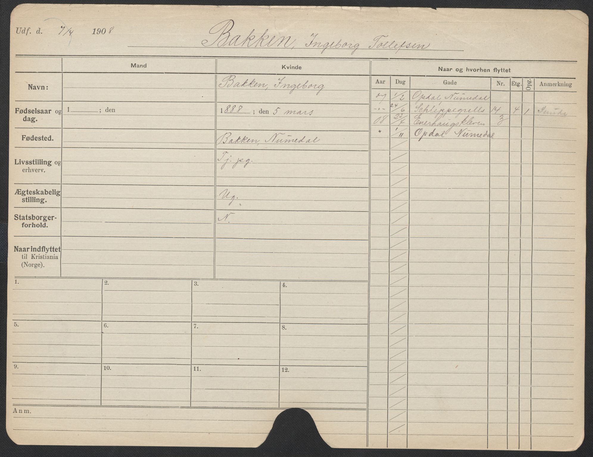 Oslo folkeregister, Registerkort, SAO/A-11715/F/Fa/Fac/L0012: Kvinner, 1906-1914, p. 1225a