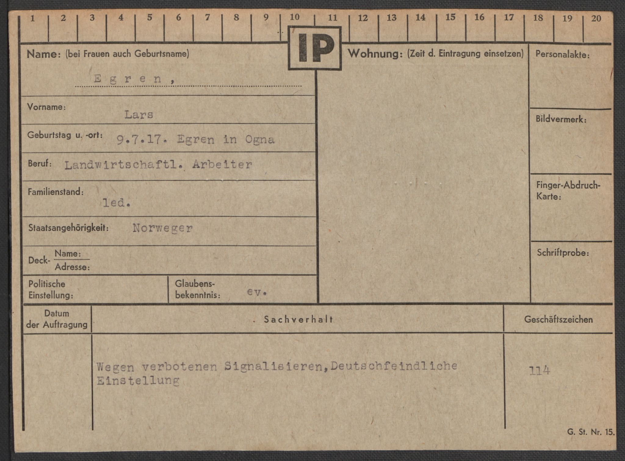 Befehlshaber der Sicherheitspolizei und des SD, AV/RA-RAFA-5969/E/Ea/Eaa/L0002: Register over norske fanger i Møllergata 19: Bj-Eng, 1940-1945, p. 1217