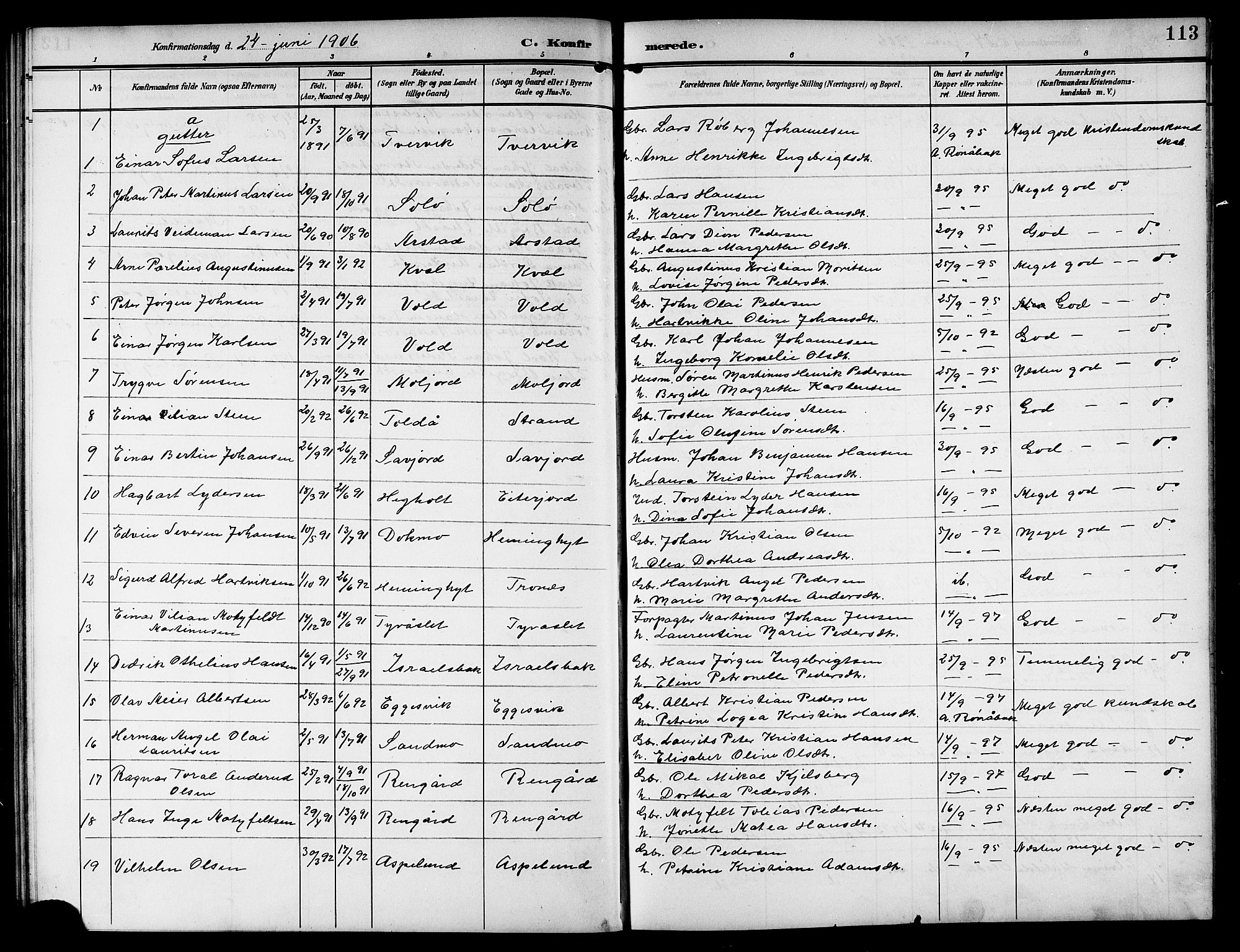 Ministerialprotokoller, klokkerbøker og fødselsregistre - Nordland, SAT/A-1459/846/L0655: Parish register (copy) no. 846C05, 1902-1916, p. 113