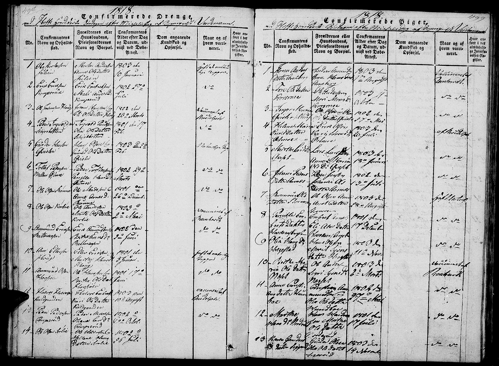 Hof prestekontor, AV/SAH-PREST-038/H/Ha/Haa/L0005: Parish register (official) no. 5, 1816-1822, p. 498-499