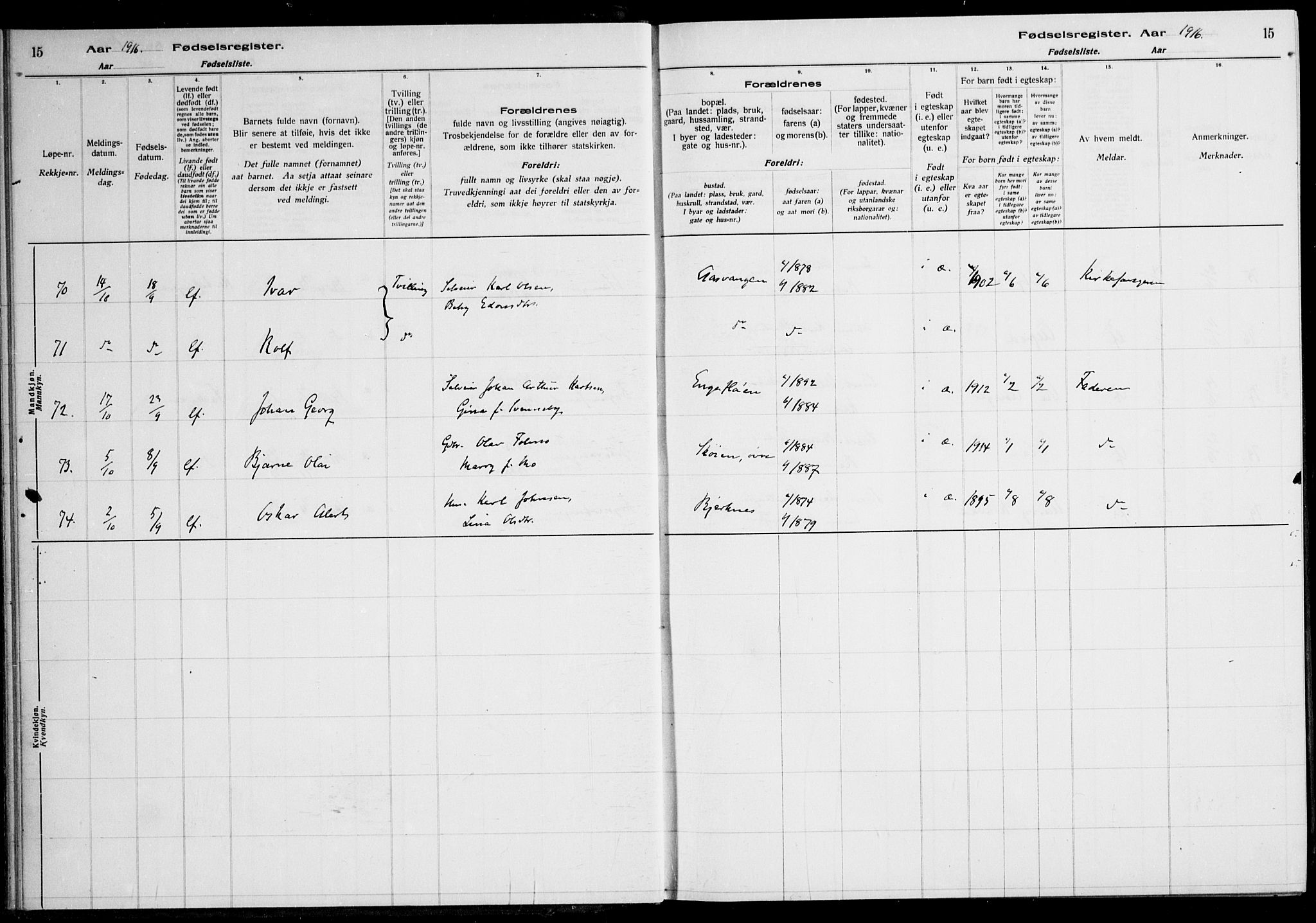 Nes prestekontor Kirkebøker, AV/SAO-A-10410/J/Ja/L0001: Birth register no. 1, 1916-1926, p. 15