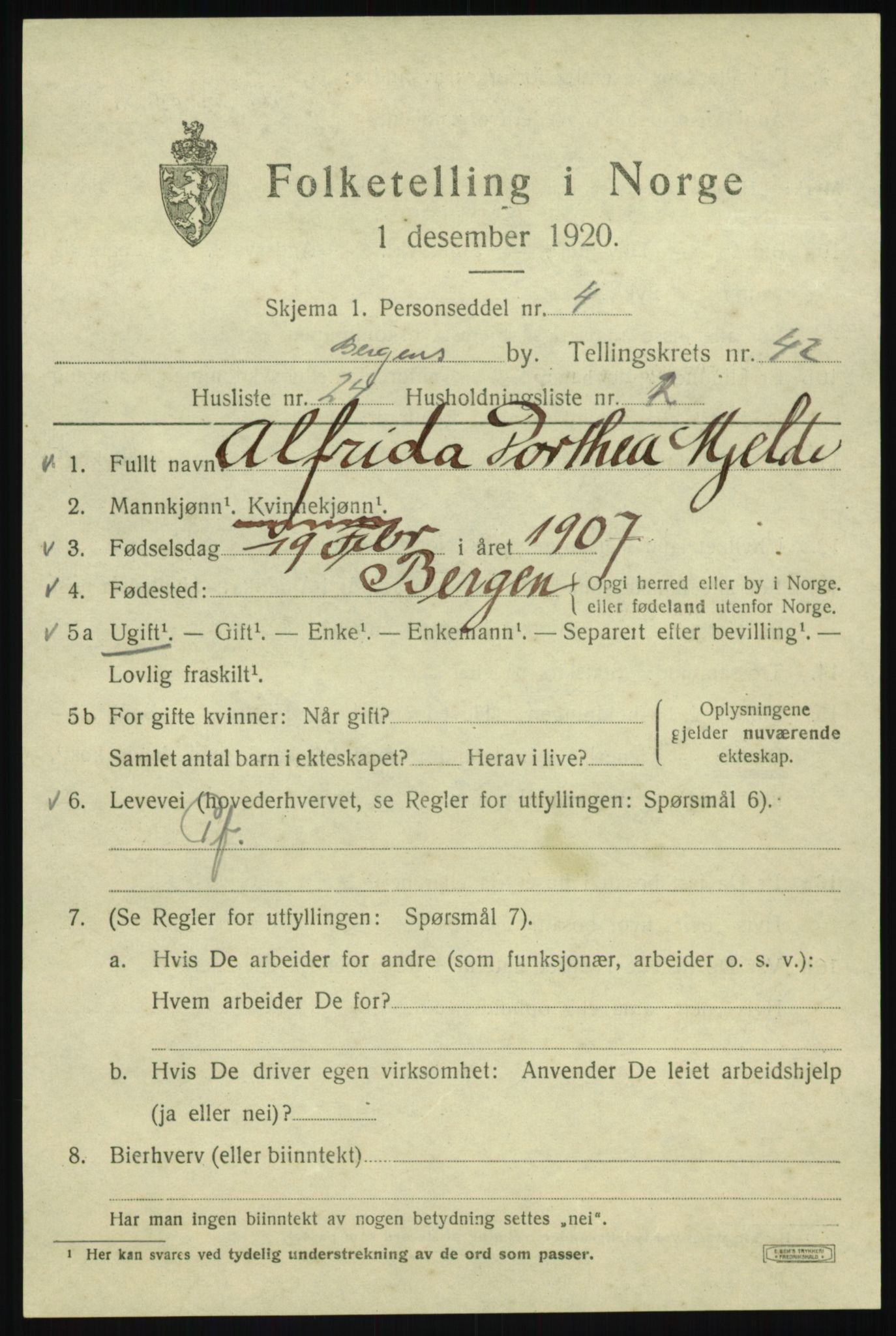 SAB, 1920 census for Bergen, 1920, p. 110371