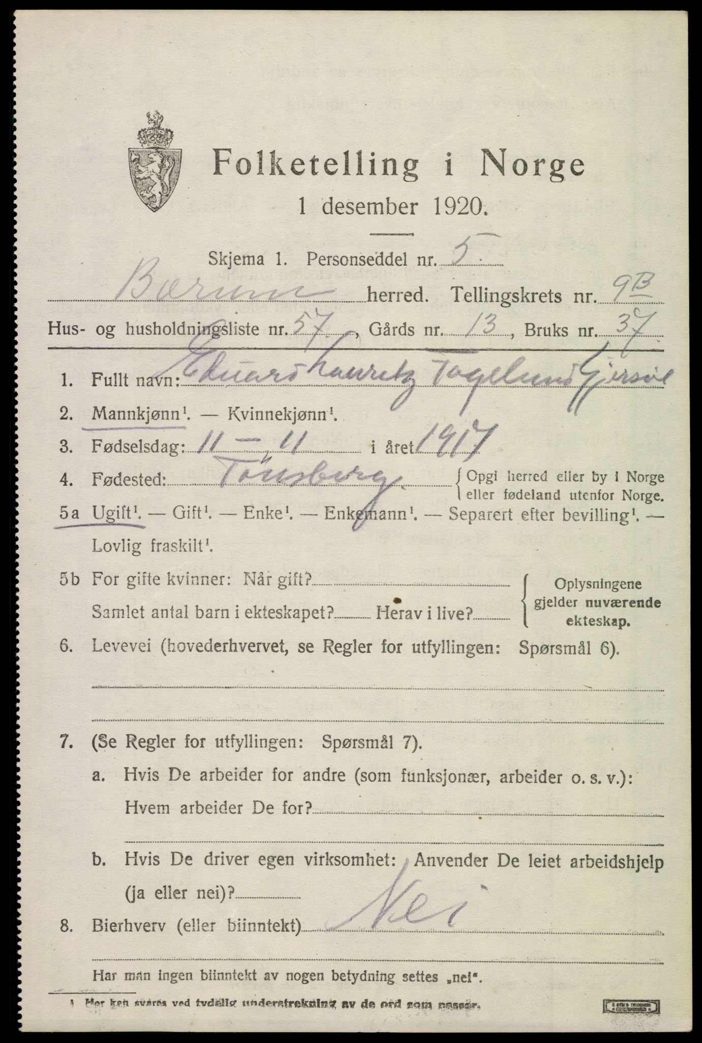 SAO, 1920 census for Bærum, 1920, p. 21392