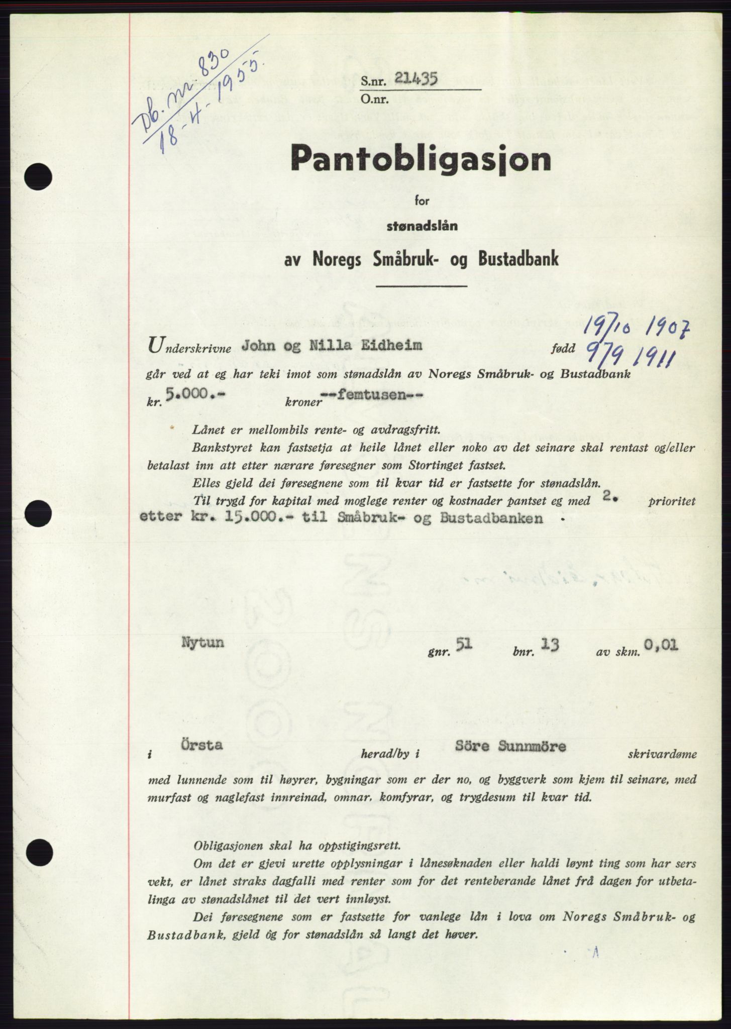 Søre Sunnmøre sorenskriveri, AV/SAT-A-4122/1/2/2C/L0126: Mortgage book no. 14B, 1954-1955, Diary no: : 830/1955