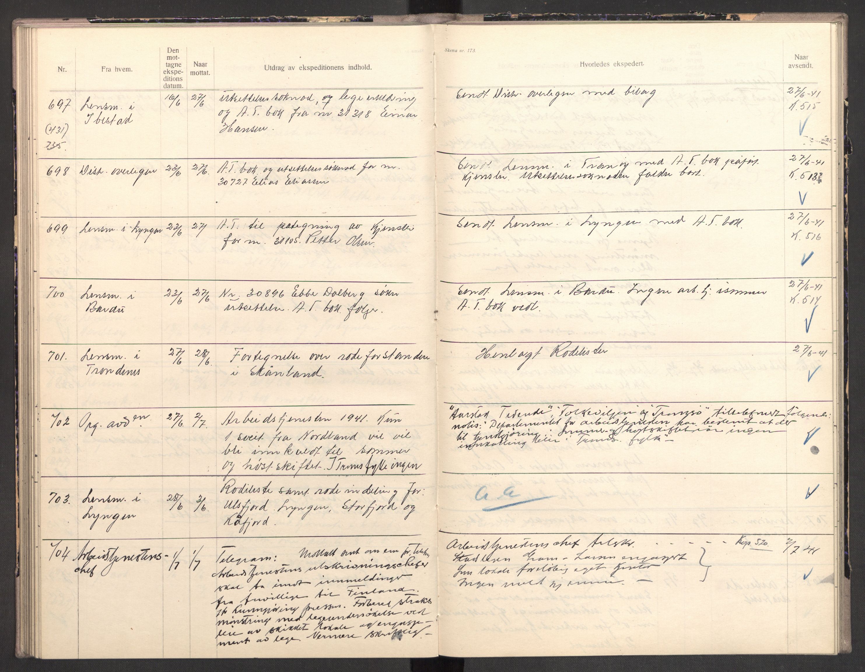 Norges arbeidstjeneste, AV/RA-S-5014/C/Ca/L0001: Journal for utskrivning Nordland og Troms, 1940-1942, p. 117