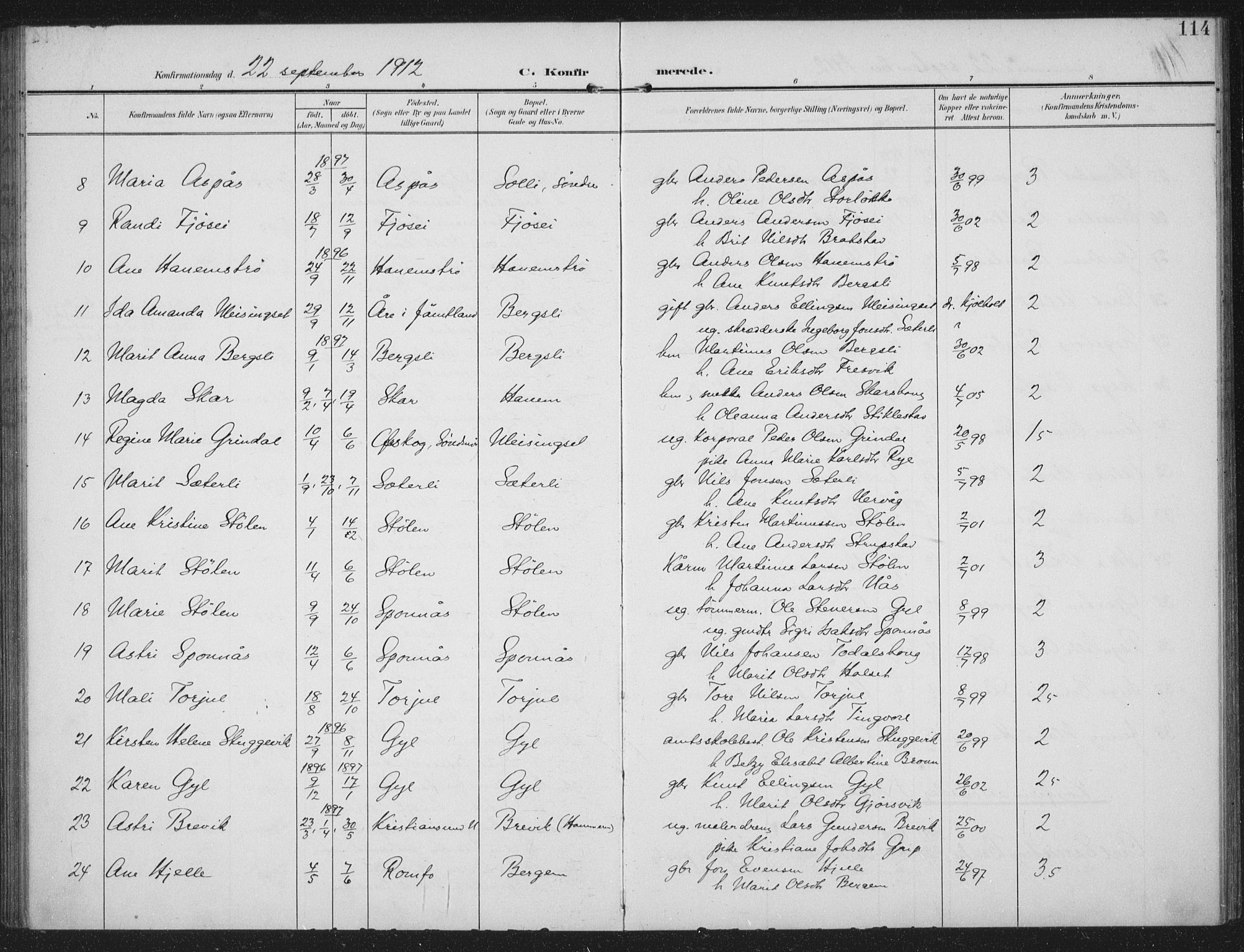 Ministerialprotokoller, klokkerbøker og fødselsregistre - Møre og Romsdal, AV/SAT-A-1454/586/L0989: Parish register (official) no. 586A15, 1906-1915, p. 114