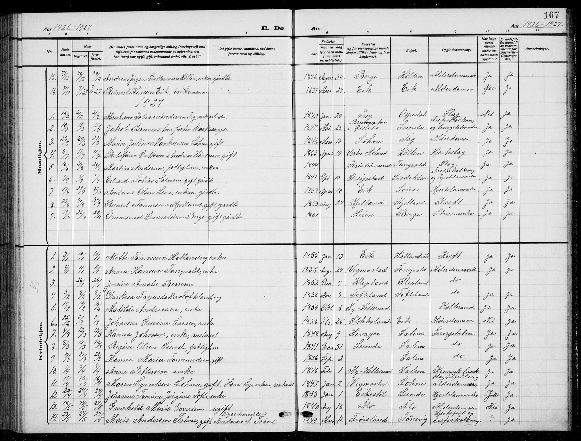 Søgne sokneprestkontor, AV/SAK-1111-0037/F/Fb/Fbb/L0007: Parish register (copy) no. B 7, 1912-1931, p. 167