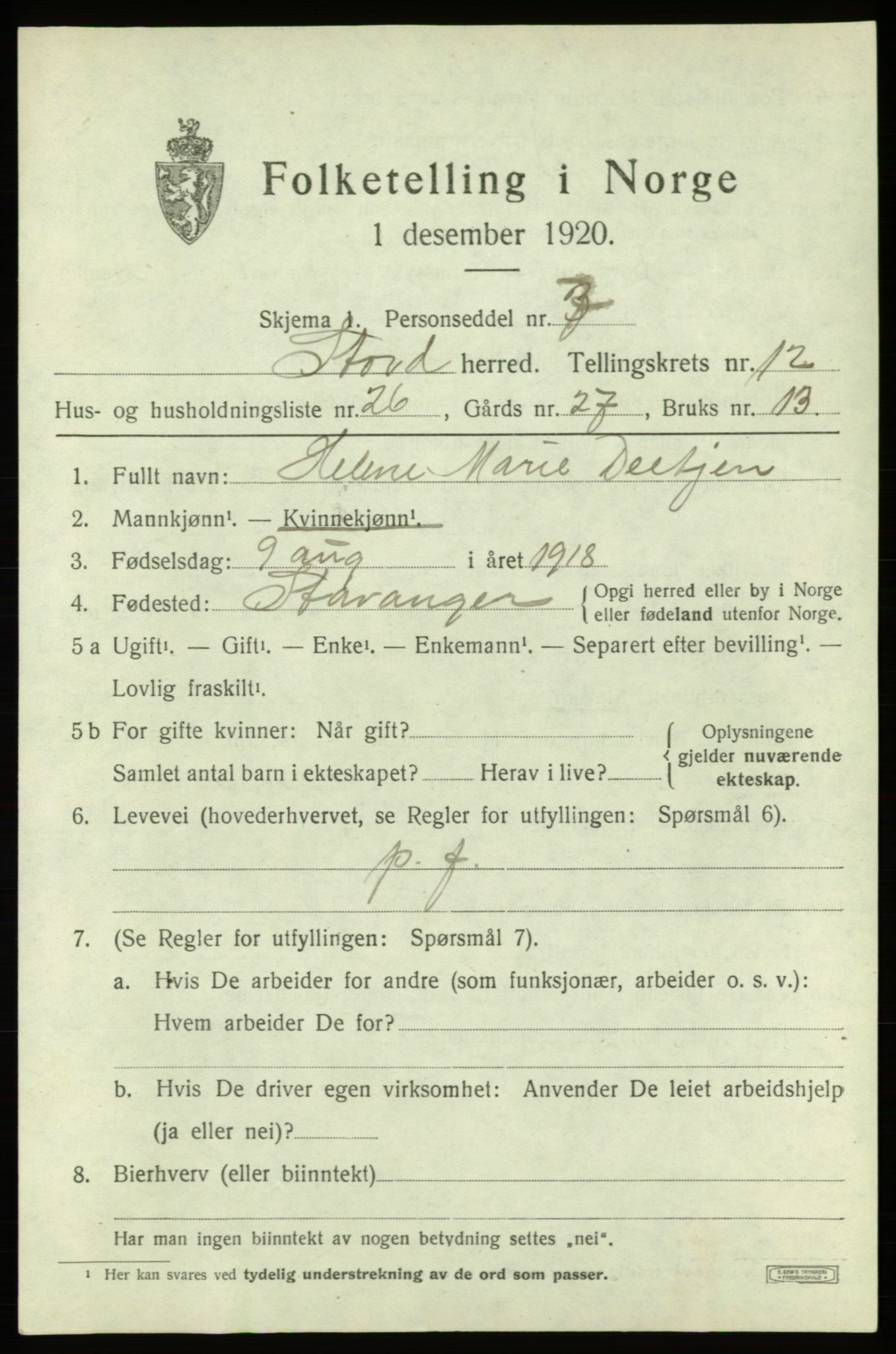 SAB, 1920 census for Stord, 1920, p. 7367