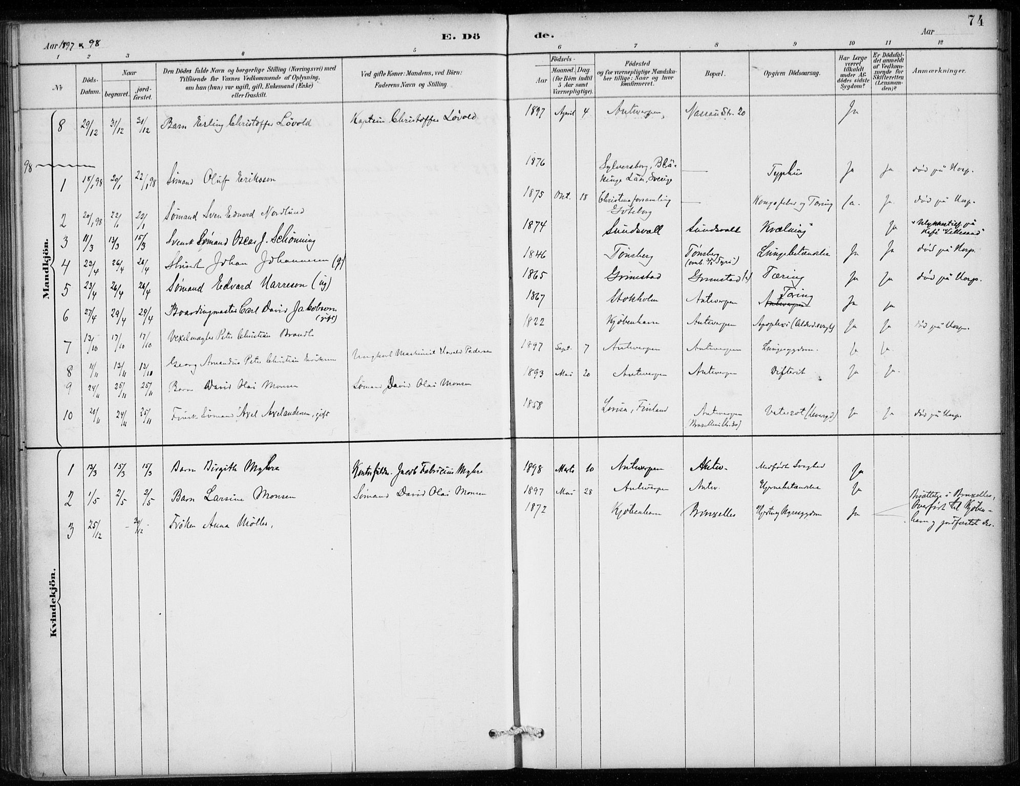 Den norske sjømannsmisjon i utlandet/Antwerpen, SAB/SAB/PA-0105/H/Ha/L0002: Parish register (official) no. A 2, 1887-1913, p. 74