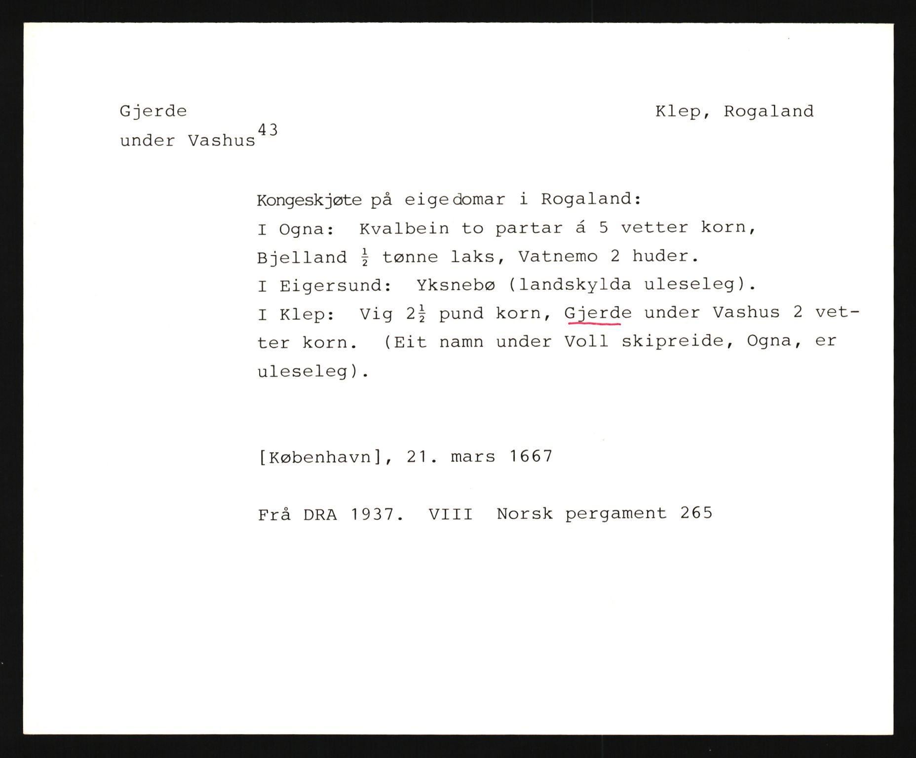 Riksarkivets diplomsamling, AV/RA-EA-5965/F35/F35e/L0027: Registreringssedler Rogaland, 1400-1700, p. 125