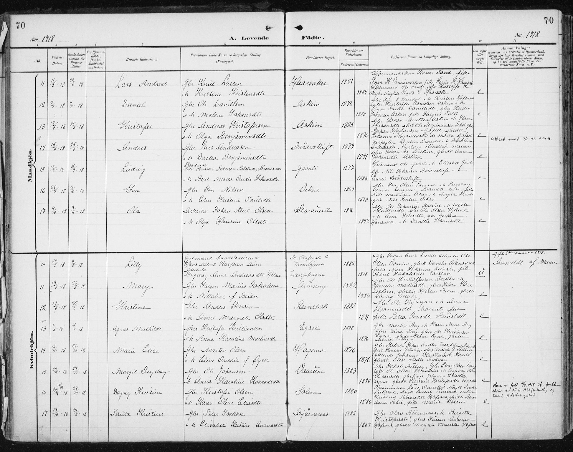 Ministerialprotokoller, klokkerbøker og fødselsregistre - Sør-Trøndelag, AV/SAT-A-1456/646/L0616: Parish register (official) no. 646A14, 1900-1918, p. 70