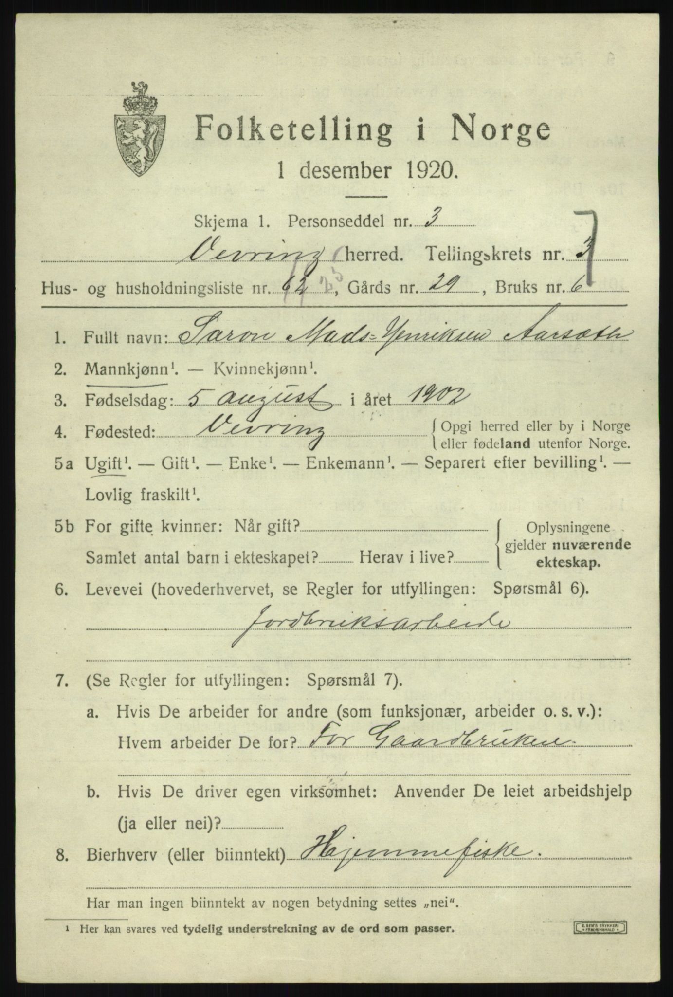 SAB, 1920 census for Vevring, 1920, p. 2248