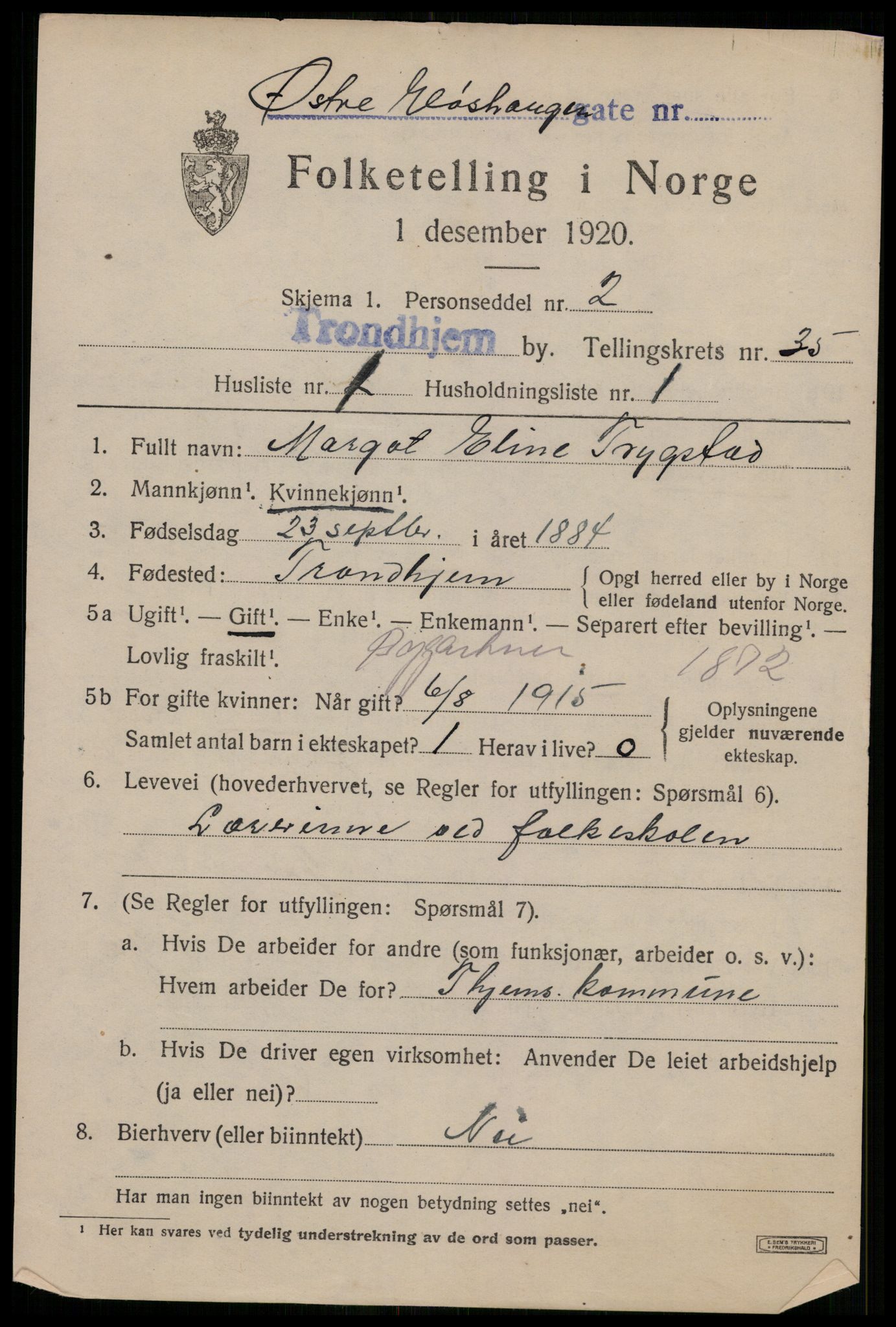 SAT, 1920 census for Trondheim, 1920, p. 81104