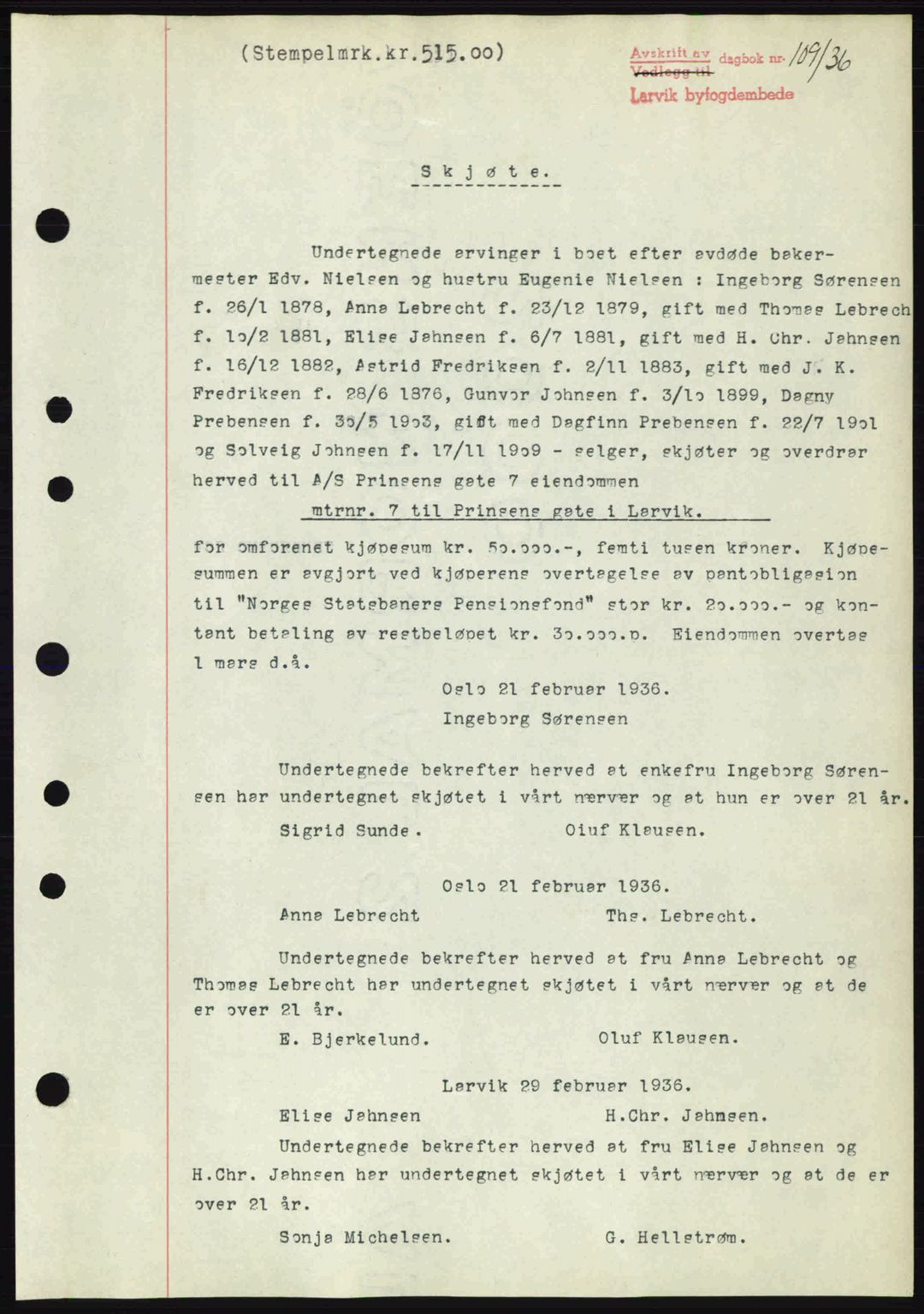 Larvik sorenskriveri, SAKO/A-83/G/Ga/Gab/L0067: Mortgage book no. A-1, 1936-1937, Diary no: : 109/1936