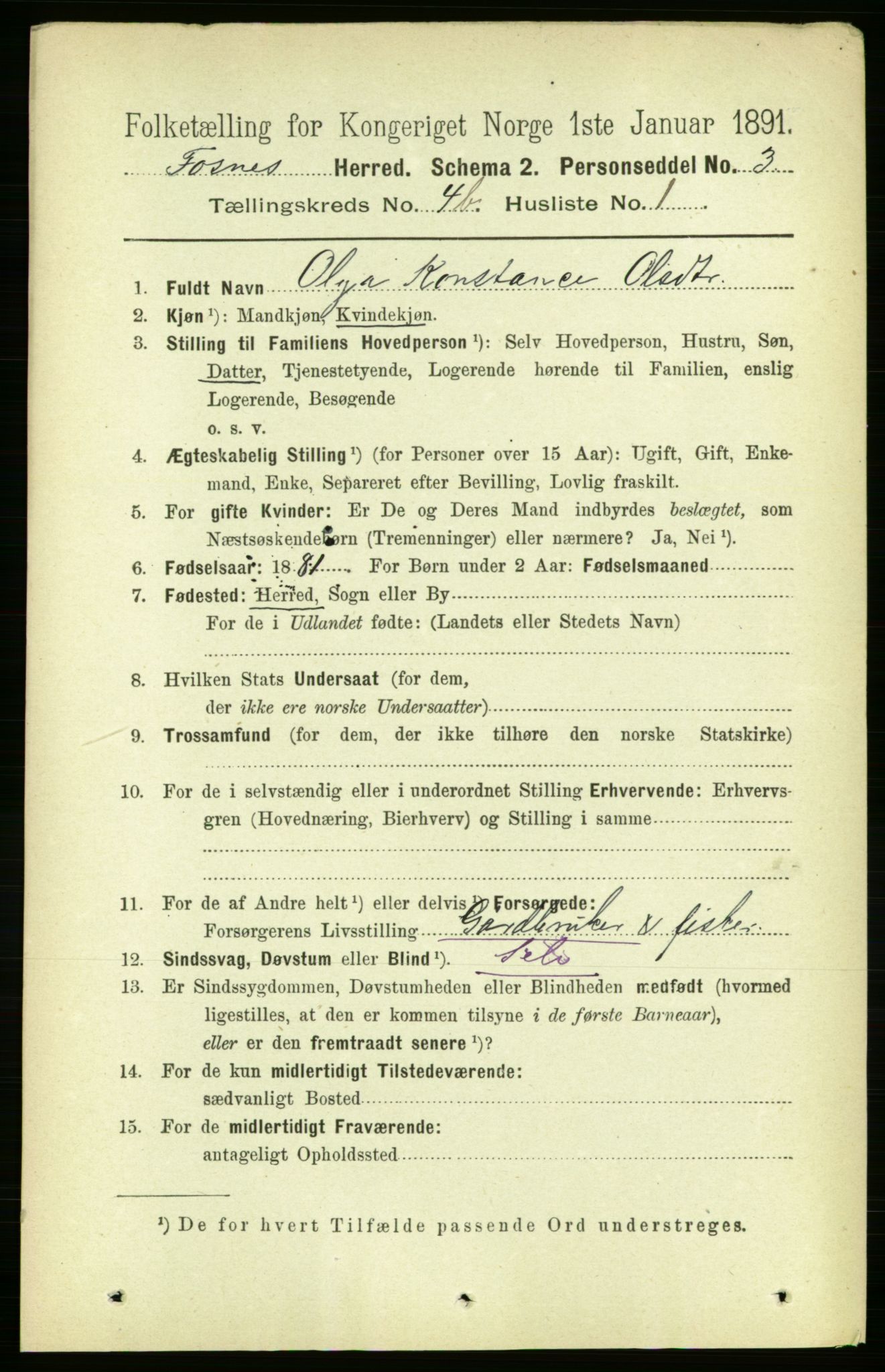 RA, 1891 census for 1748 Fosnes, 1891, p. 1711