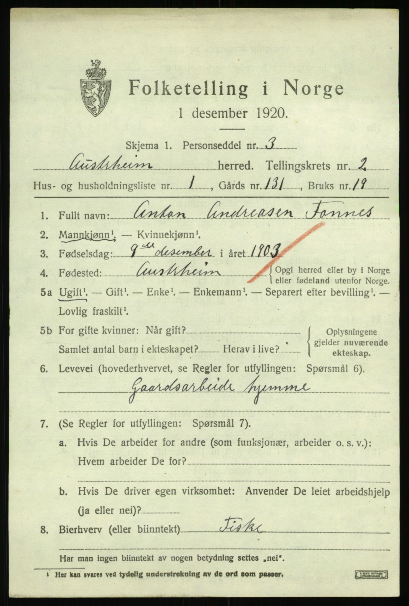 SAB, 1920 census for Austrheim, 1920, p. 1268