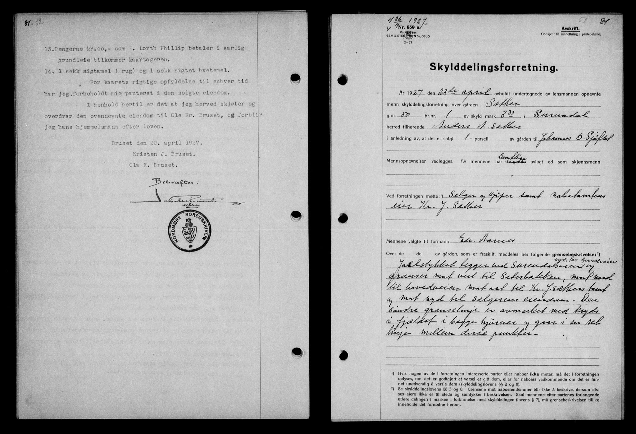 Nordmøre sorenskriveri, AV/SAT-A-4132/1/2/2Ca/L0062: Mortgage book no. 52, 1927-1927, Deed date: 26.04.1927