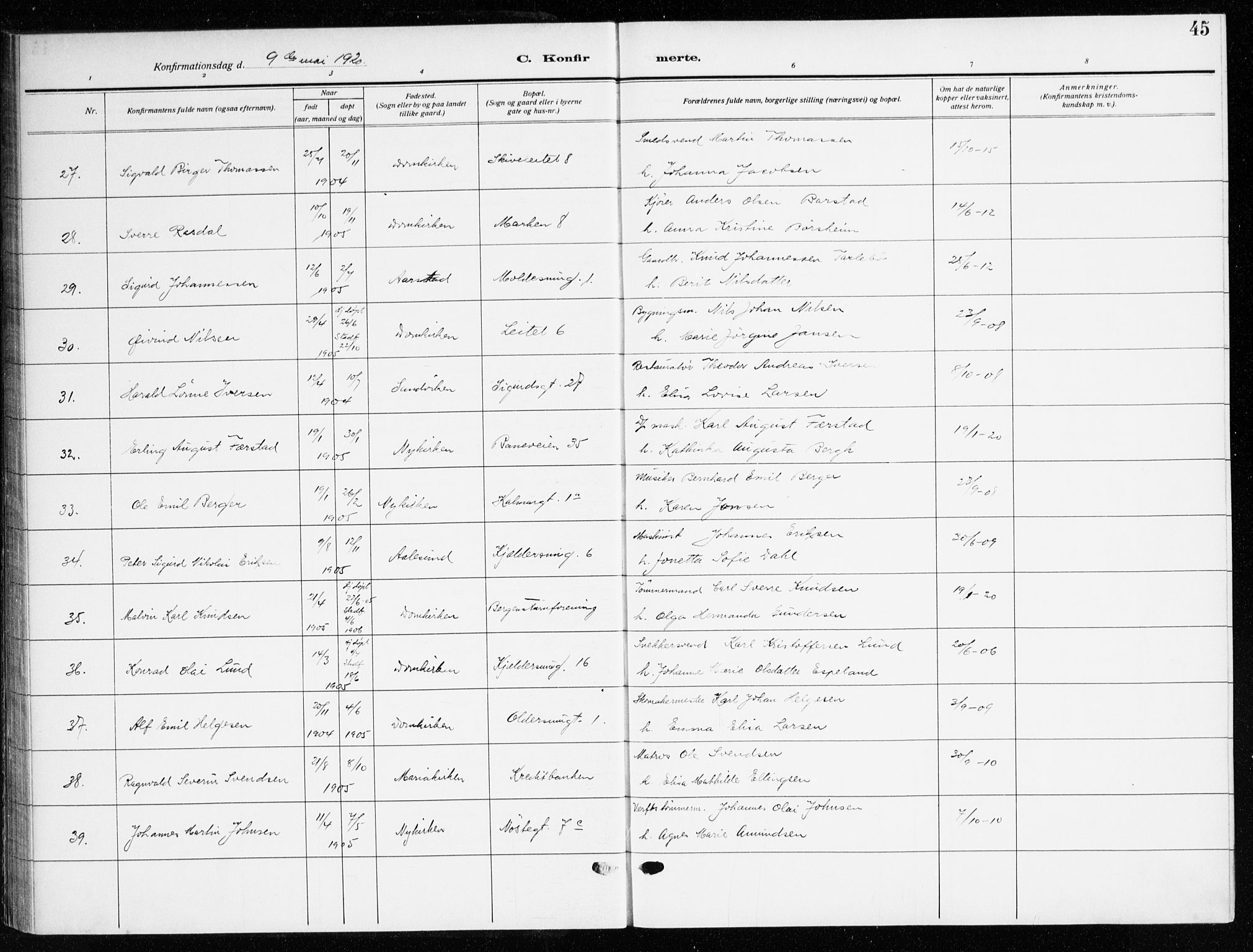 Domkirken sokneprestembete, AV/SAB-A-74801/H/Haa/L0032: Parish register (official) no. C 7, 1915-1930, p. 45