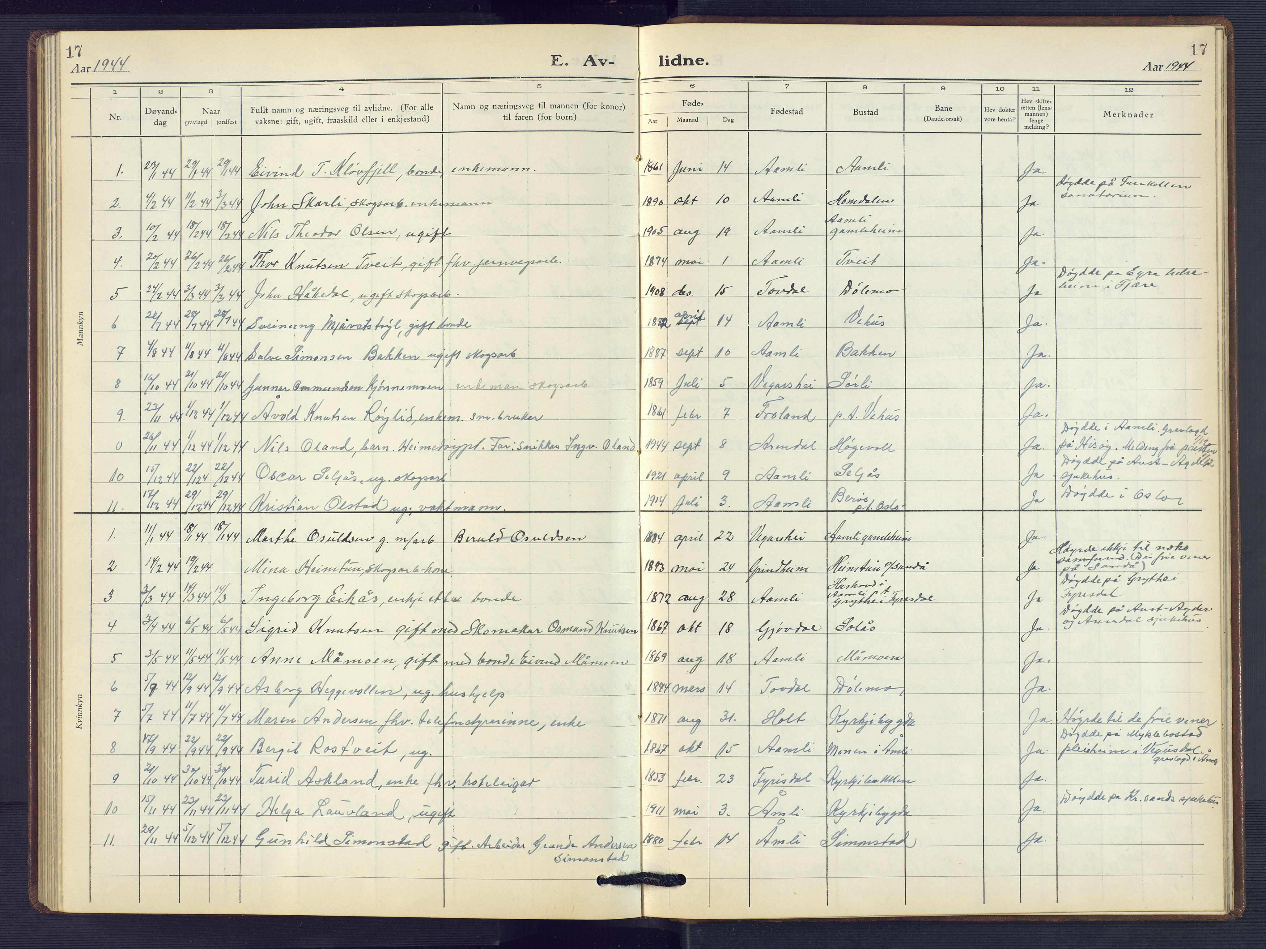 Åmli sokneprestkontor, AV/SAK-1111-0050/F/Fb/Fbc/L0007: Parish register (copy) no. B 7, 1929-1960, p. 17