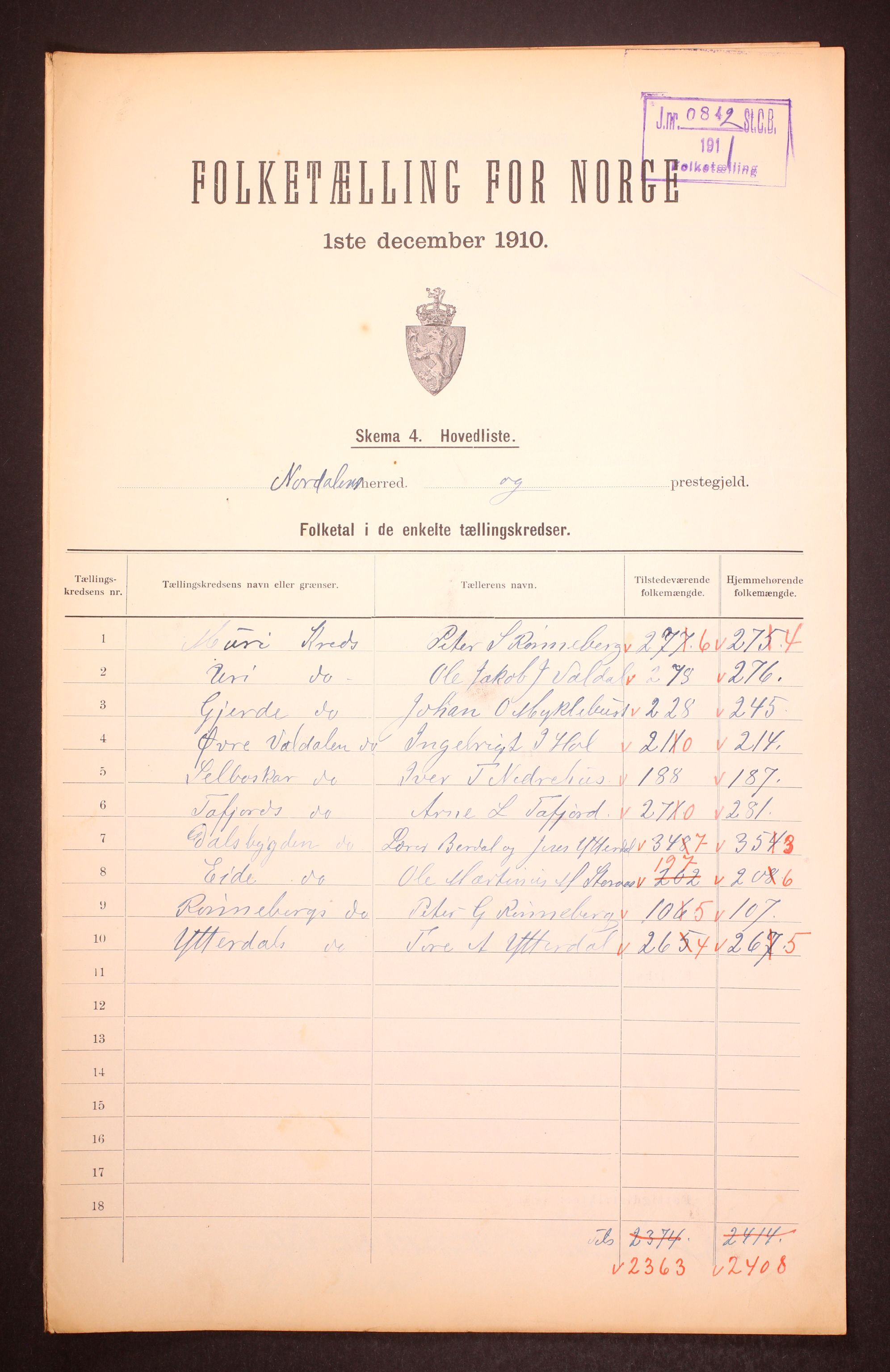 RA, 1910 census for Norddal, 1910, p. 2