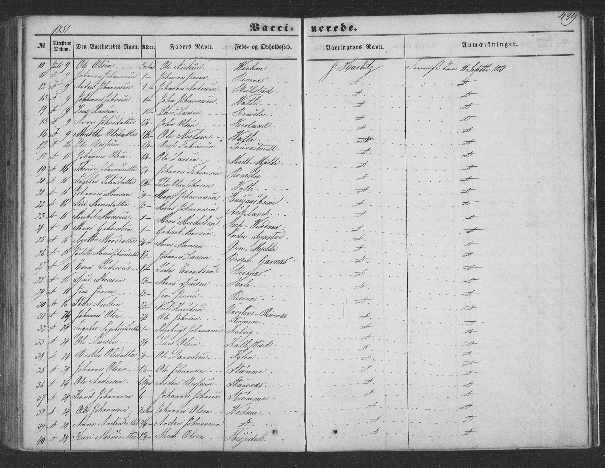 Haus sokneprestembete, AV/SAB-A-75601/H/Haa: Parish register (official) no. A 16 II, 1848-1857, p. 439