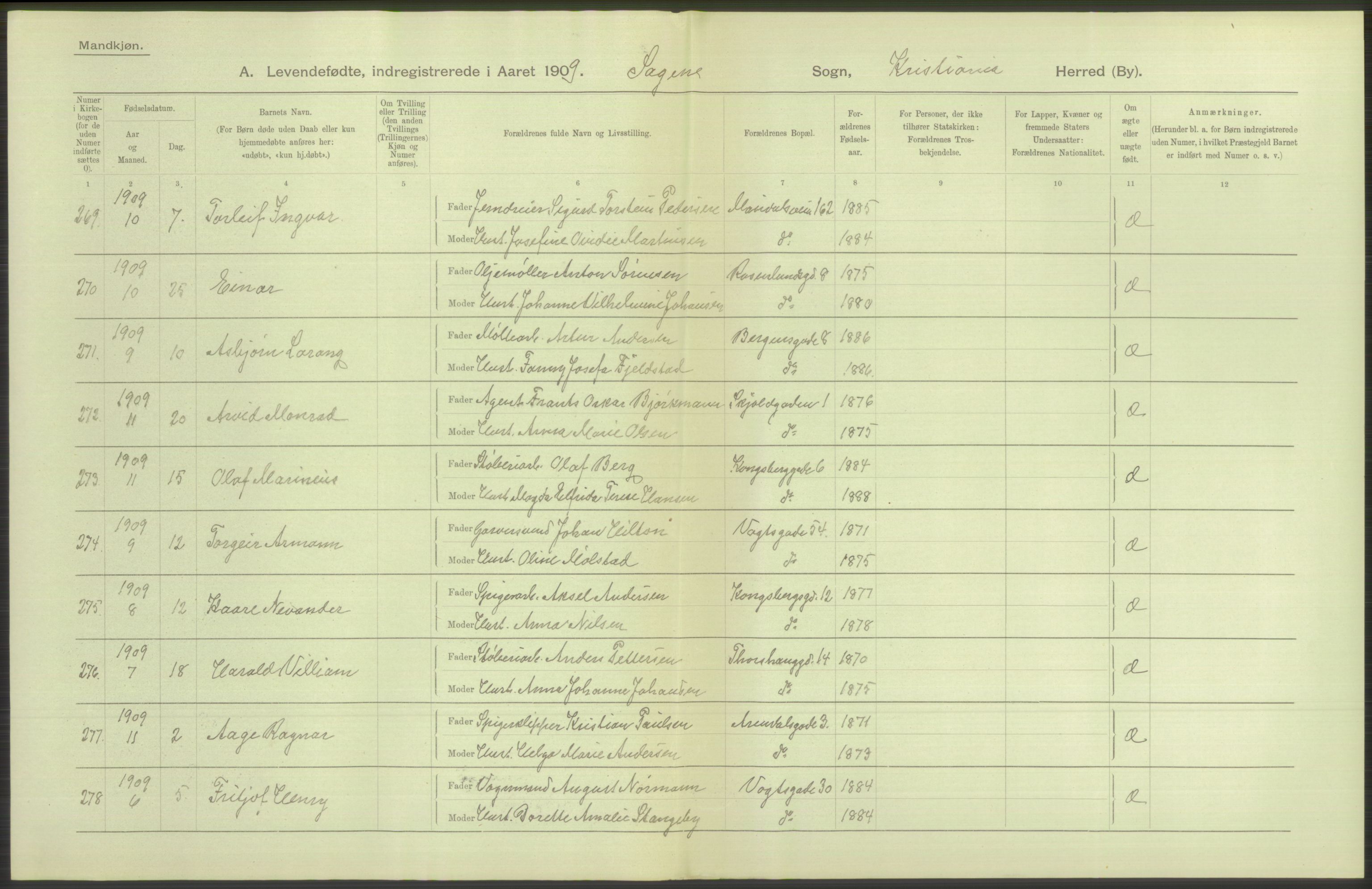 Statistisk sentralbyrå, Sosiodemografiske emner, Befolkning, AV/RA-S-2228/D/Df/Dfa/Dfag/L0007: Kristiania: Levendefødte menn og kvinner., 1909, p. 260