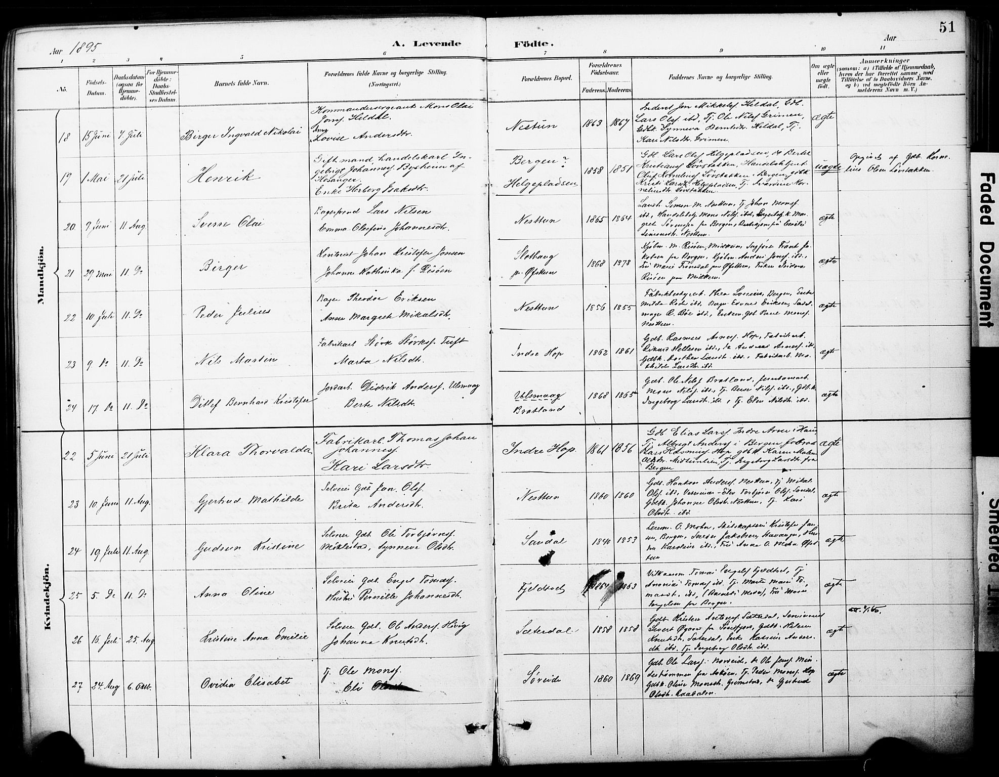 Fana Sokneprestembete, SAB/A-75101/H/Haa/Haai/L0002: Parish register (official) no. I 2, 1888-1899, p. 51