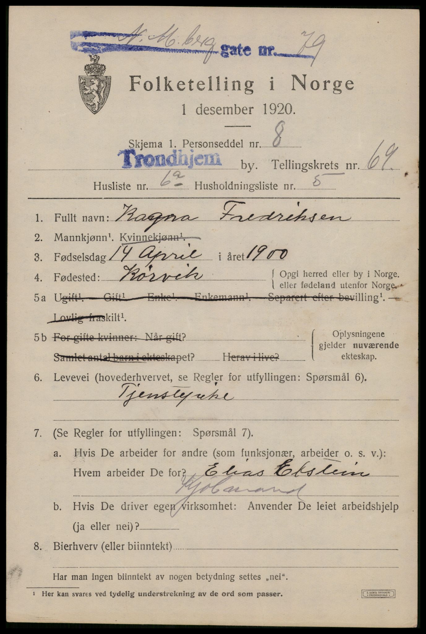 SAT, 1920 census for Trondheim, 1920, p. 136462