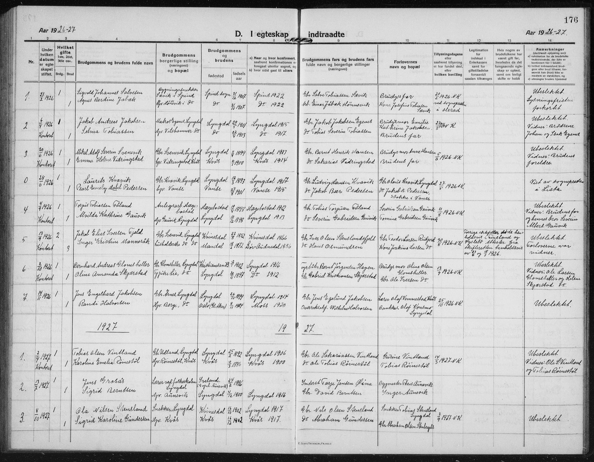 Lyngdal sokneprestkontor, AV/SAK-1111-0029/F/Fb/Fbc/L0006: Parish register (copy) no. B 6, 1914-1934, p. 176