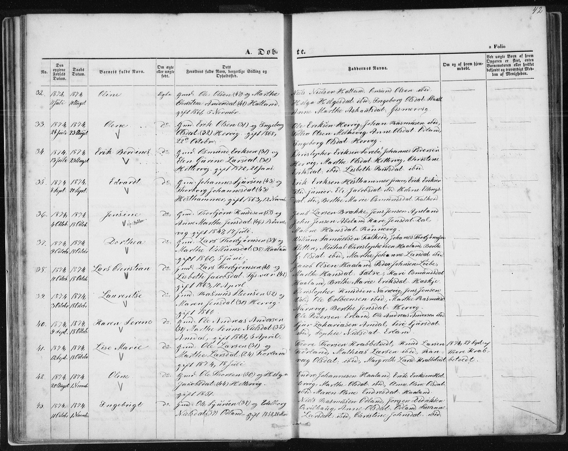 Tysvær sokneprestkontor, AV/SAST-A -101864/H/Ha/Haa/L0005: Parish register (official) no. A 5, 1865-1878, p. 42