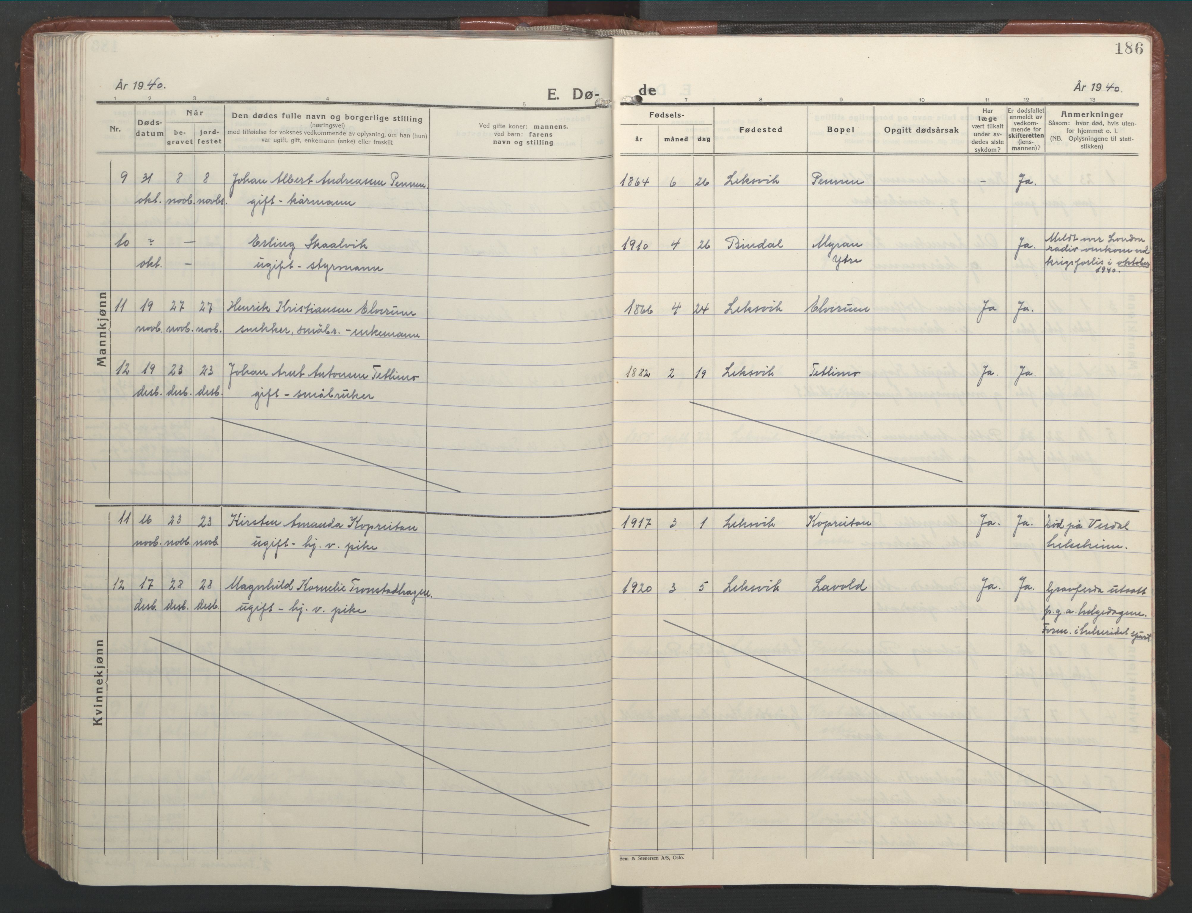 Ministerialprotokoller, klokkerbøker og fødselsregistre - Nord-Trøndelag, SAT/A-1458/701/L0019: Parish register (copy) no. 701C03, 1930-1953, p. 186