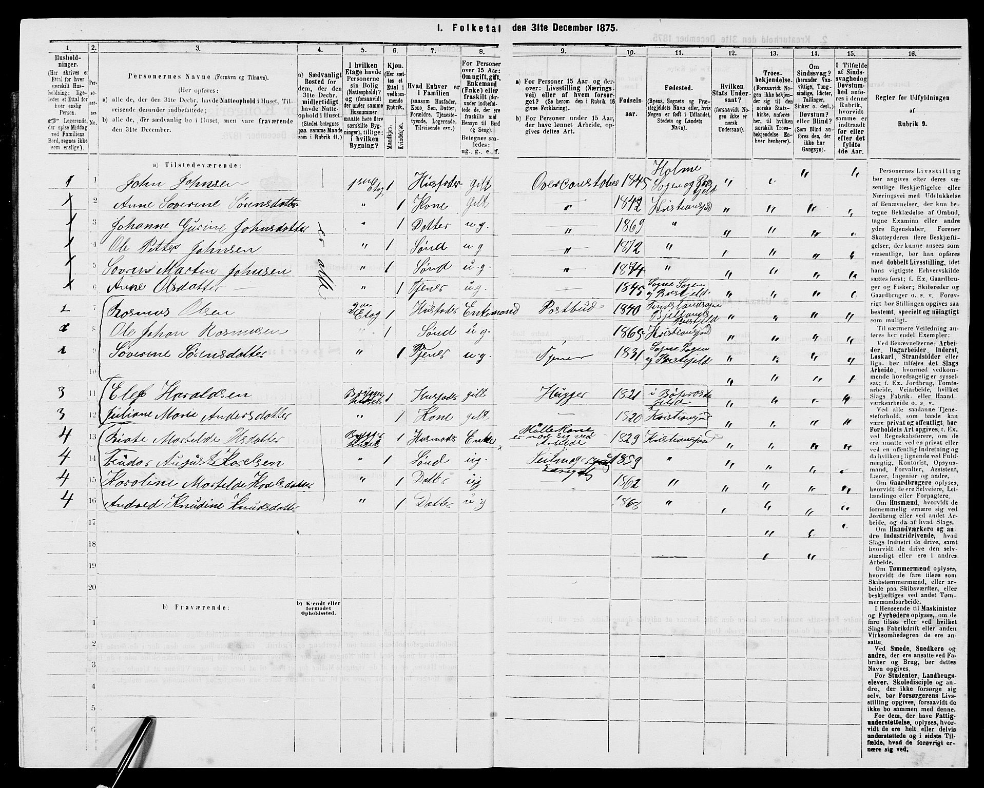 SAK, 1875 census for 1001P Kristiansand, 1875, p. 2011