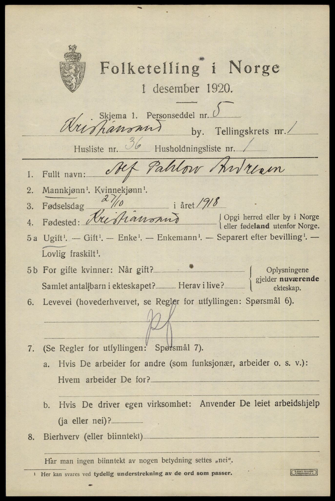 SAK, 1920 census for Kristiansand, 1920, p. 11711