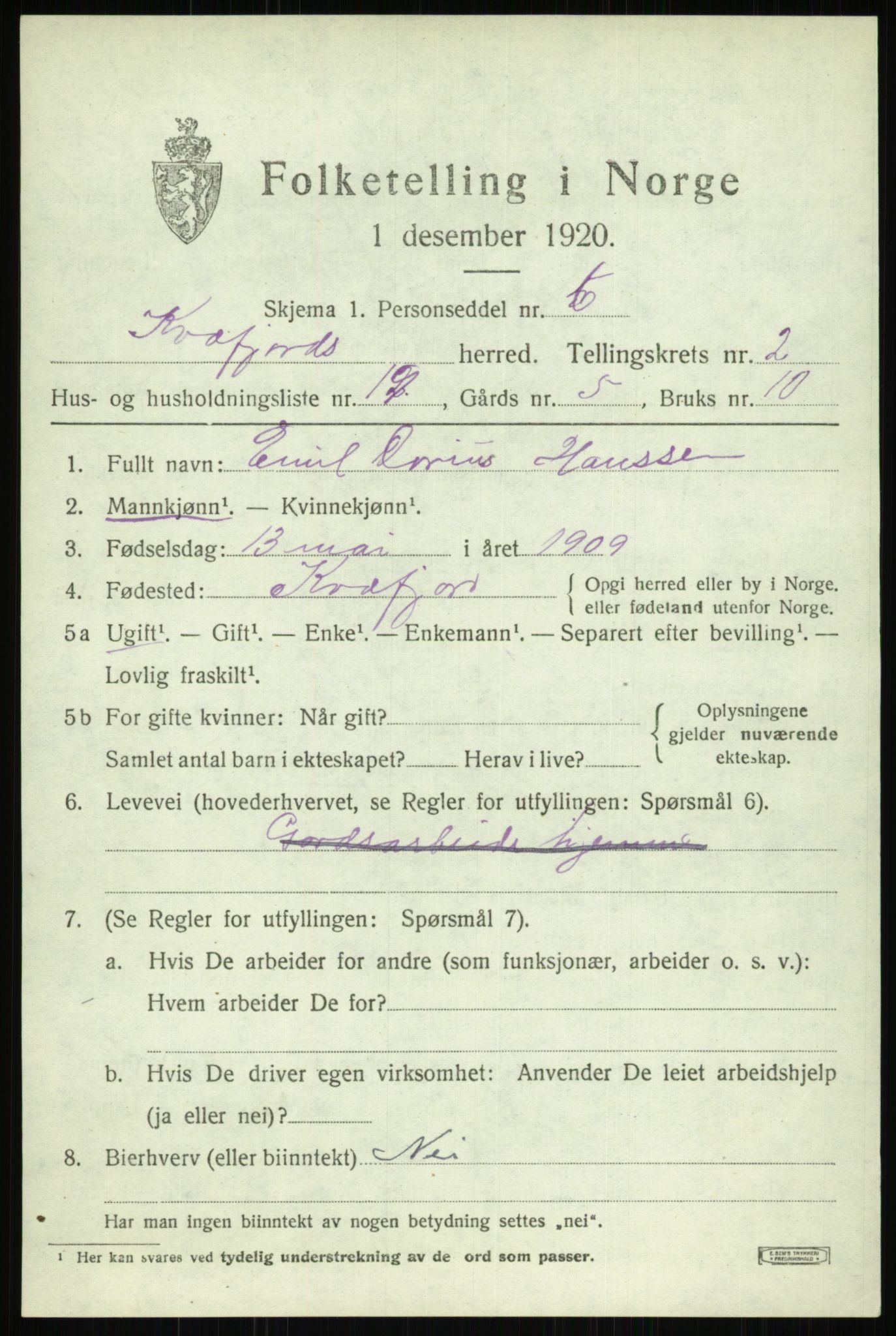 SATØ, 1920 census for Kvæfjord, 1920, p. 1707