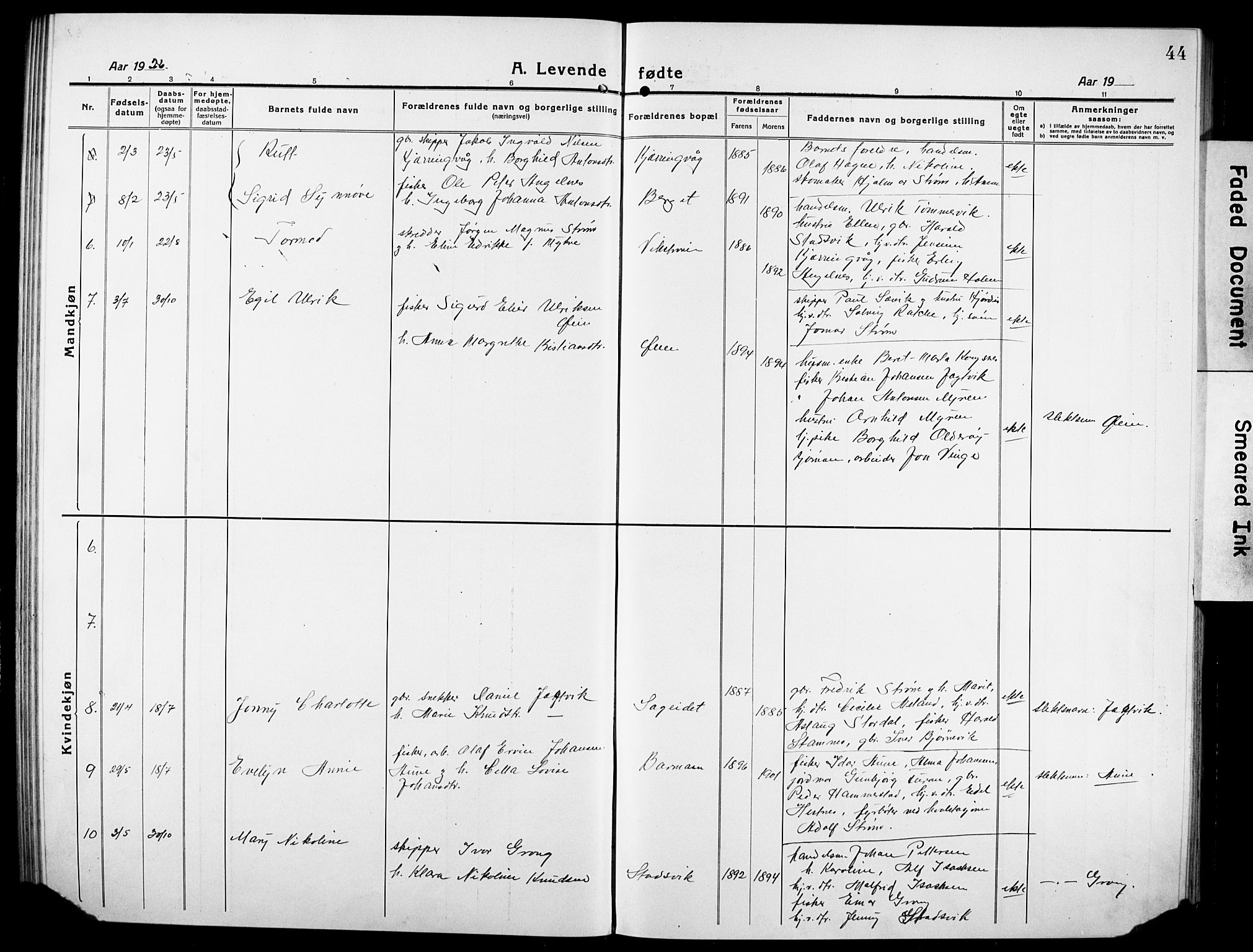 Ministerialprotokoller, klokkerbøker og fødselsregistre - Sør-Trøndelag, AV/SAT-A-1456/634/L0543: Parish register (copy) no. 634C05, 1917-1928, p. 44