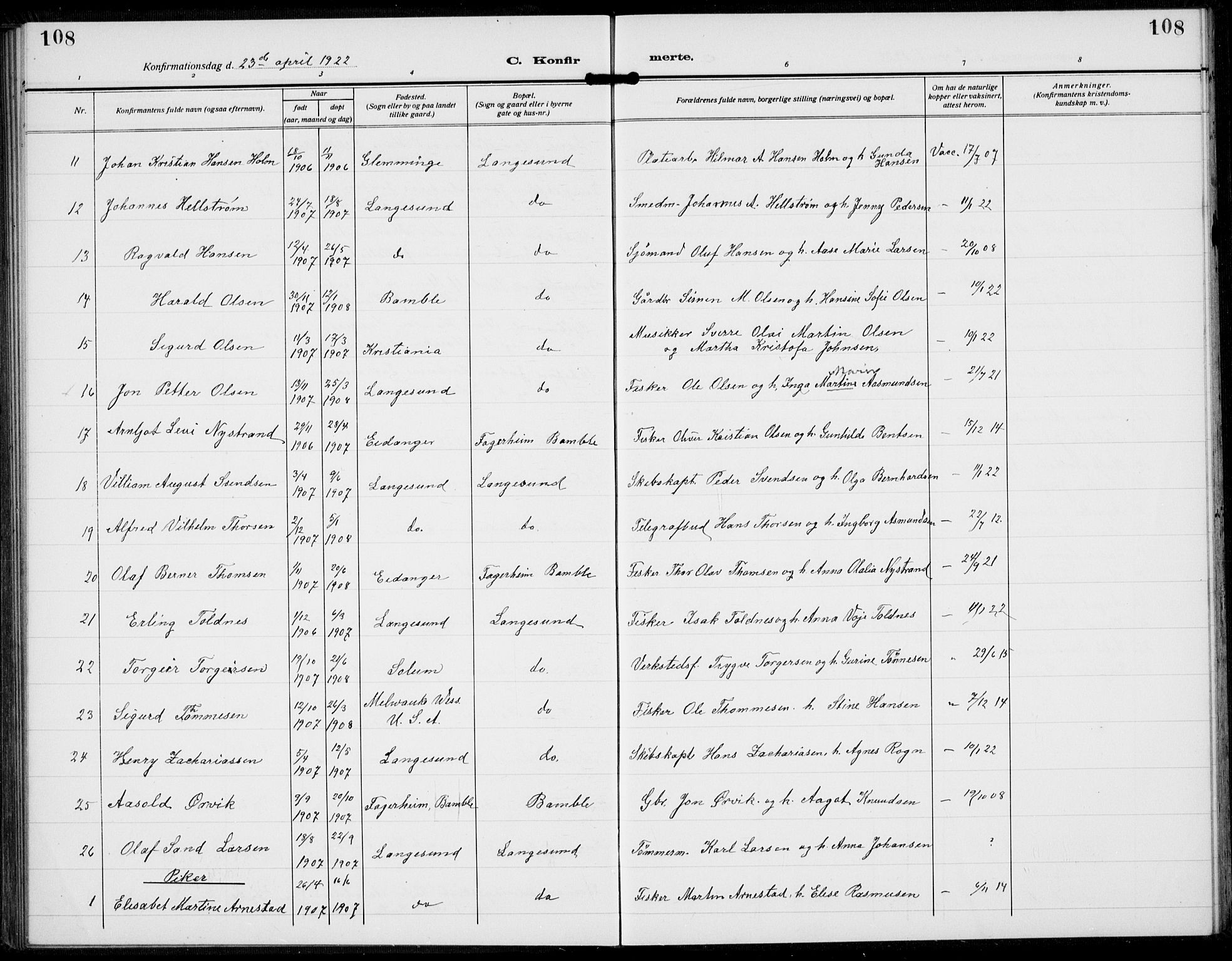 Langesund kirkebøker, AV/SAKO-A-280/G/Ga/L0007: Parish register (copy) no. 7, 1919-1939, p. 108