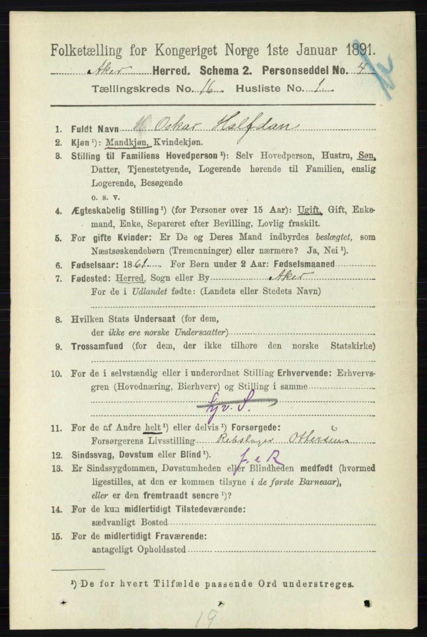 RA, 1891 census for 0218 Aker, 1891, p. 14040