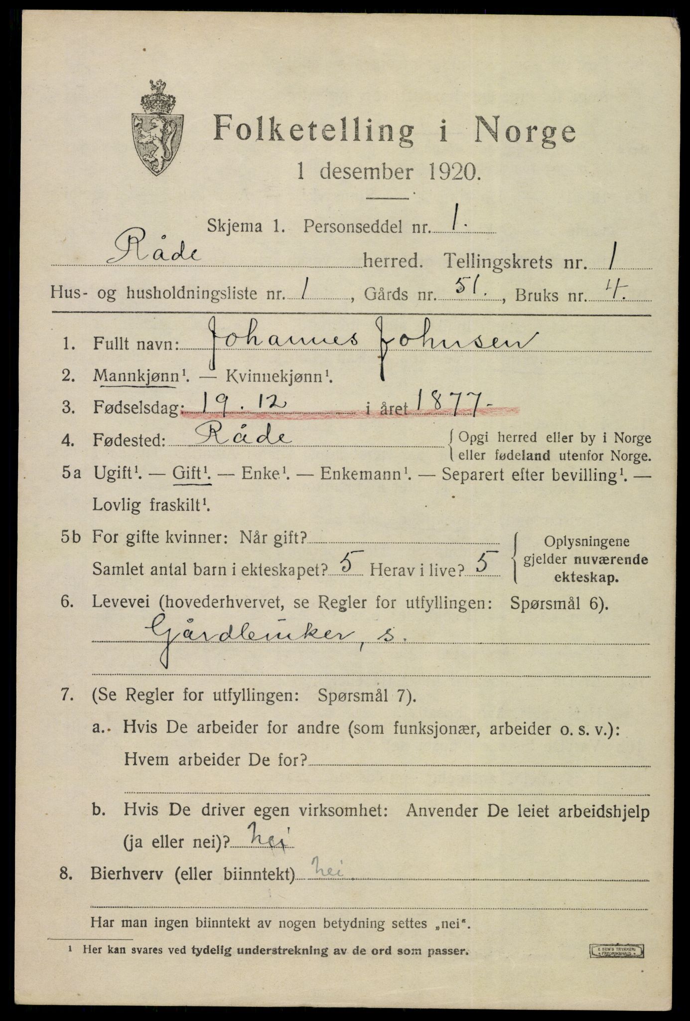 SAO, 1920 census for Råde, 1920, p. 1074