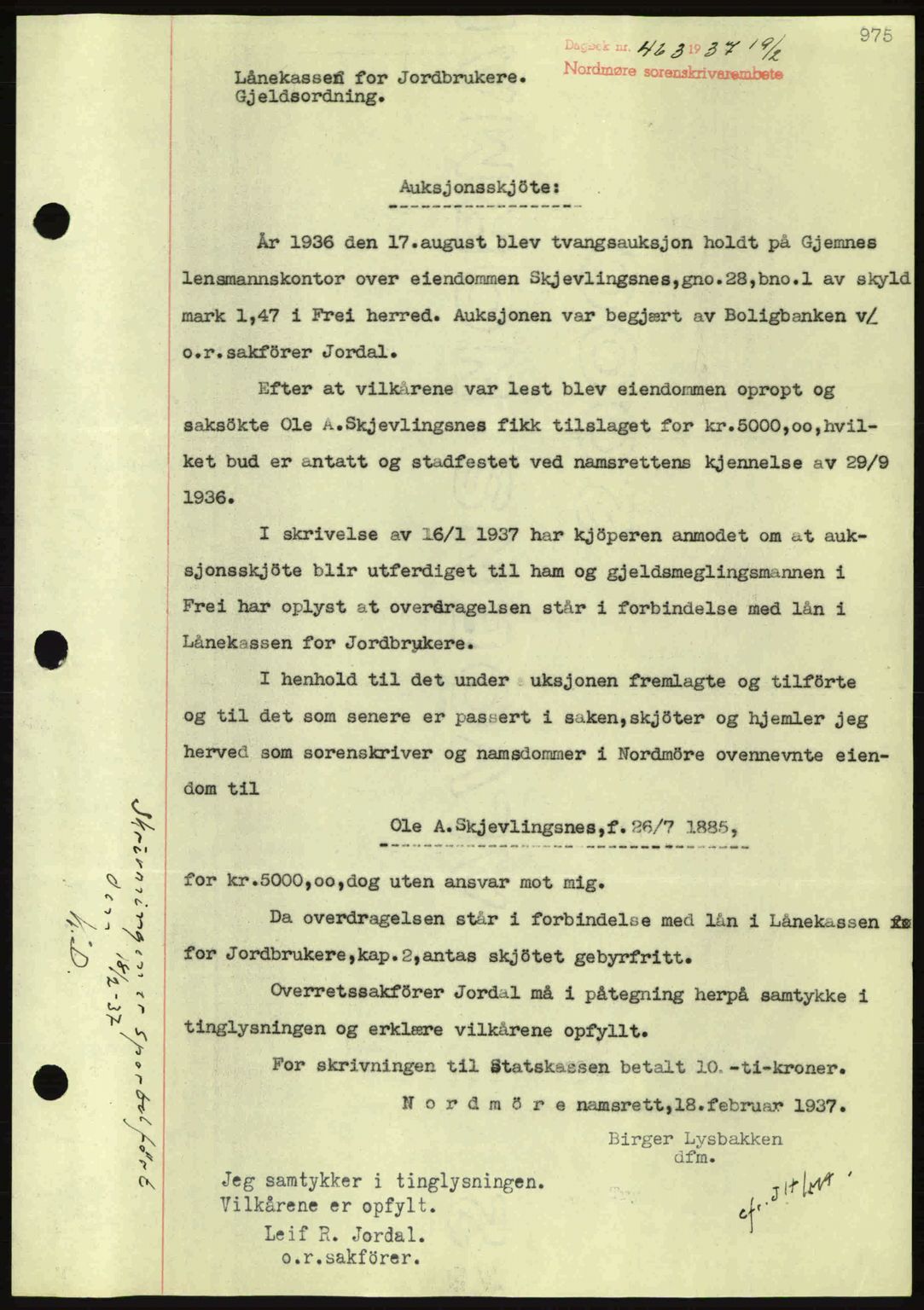 Nordmøre sorenskriveri, AV/SAT-A-4132/1/2/2Ca: Mortgage book no. A80, 1936-1937, Diary no: : 463/1937