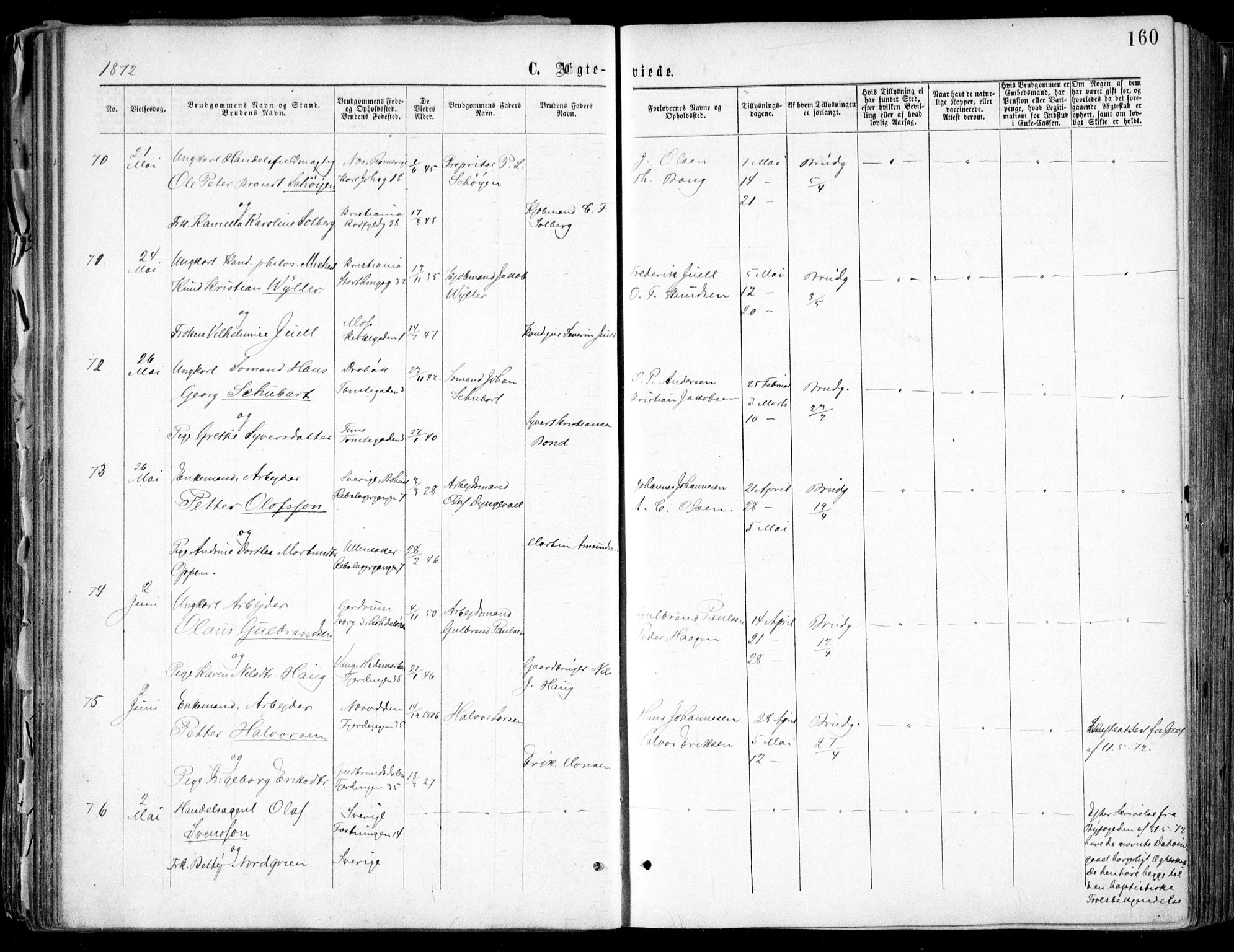 Oslo domkirke Kirkebøker, SAO/A-10752/F/Fa/L0021: Parish register (official) no. 21, 1865-1884, p. 160