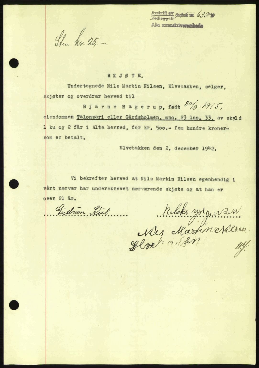 Alta fogderi/sorenskriveri, SATØ/SATØ-5/1/K/Kd/L0033pantebok: Mortgage book no. 33, 1940-1943, Diary no: : 635/1942