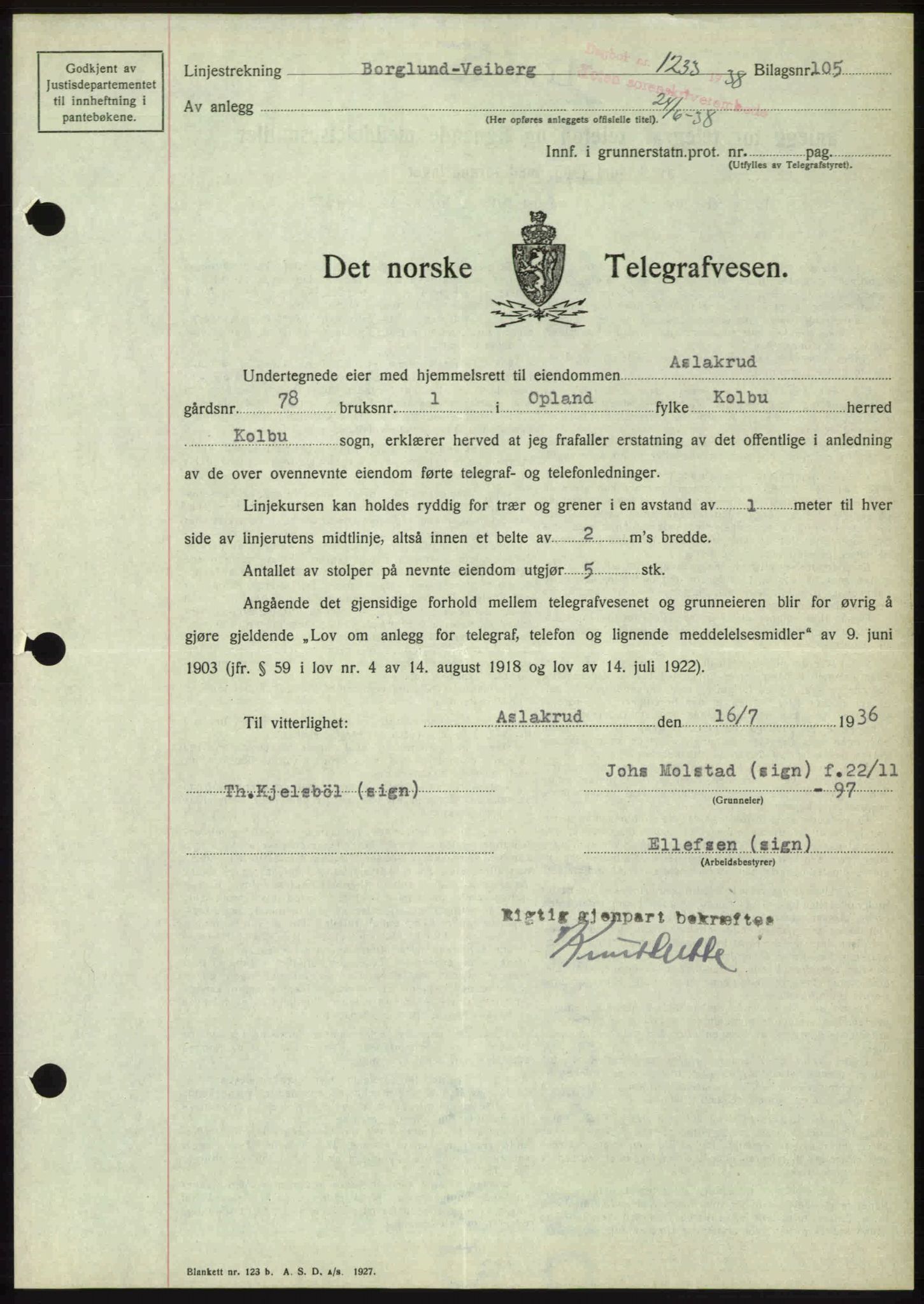 Toten tingrett, SAH/TING-006/H/Hb/Hbc/L0004: Mortgage book no. Hbc-04, 1938-1938, Diary no: : 1233/1938