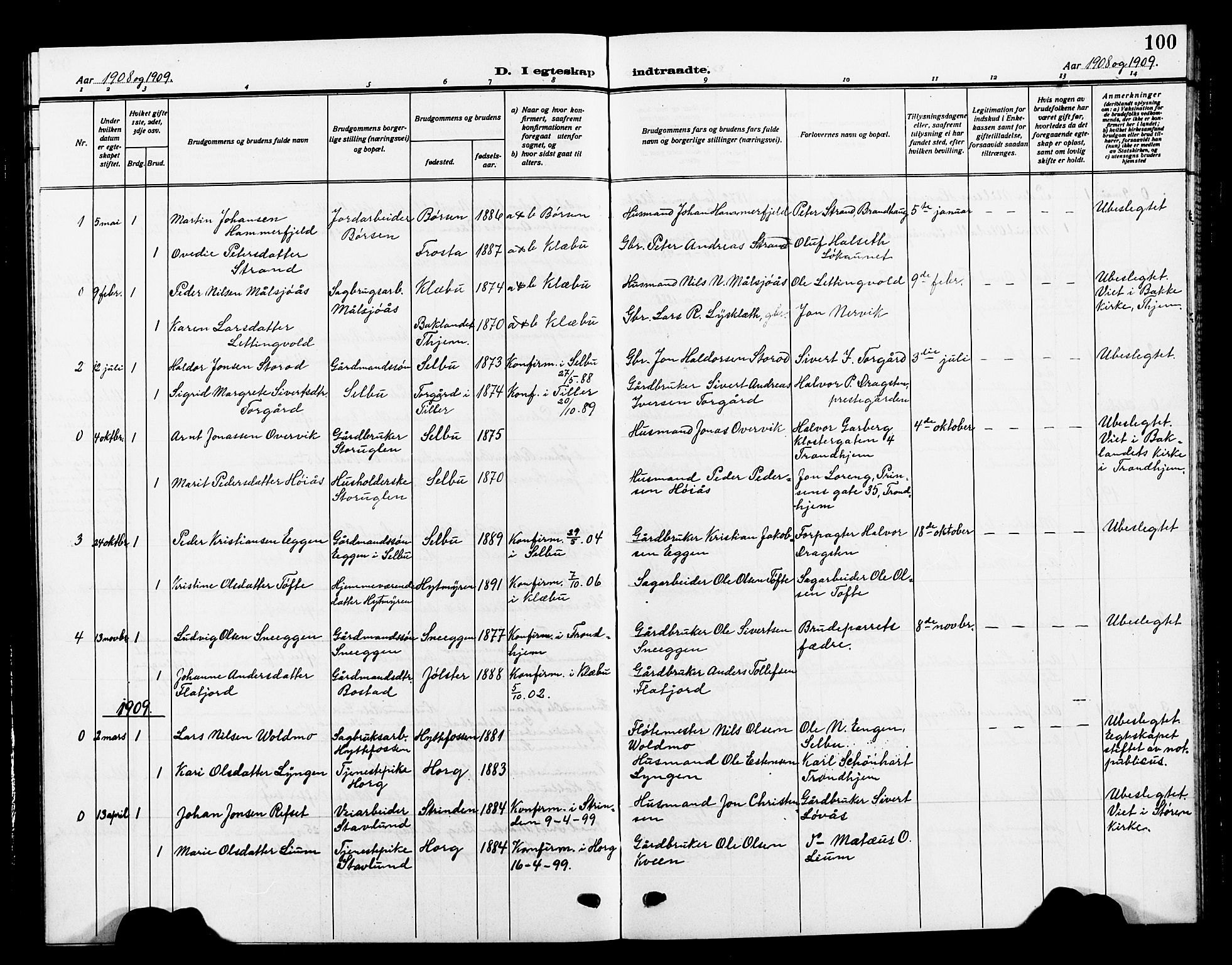 Ministerialprotokoller, klokkerbøker og fødselsregistre - Sør-Trøndelag, SAT/A-1456/618/L0453: Parish register (copy) no. 618C04, 1907-1925, p. 100
